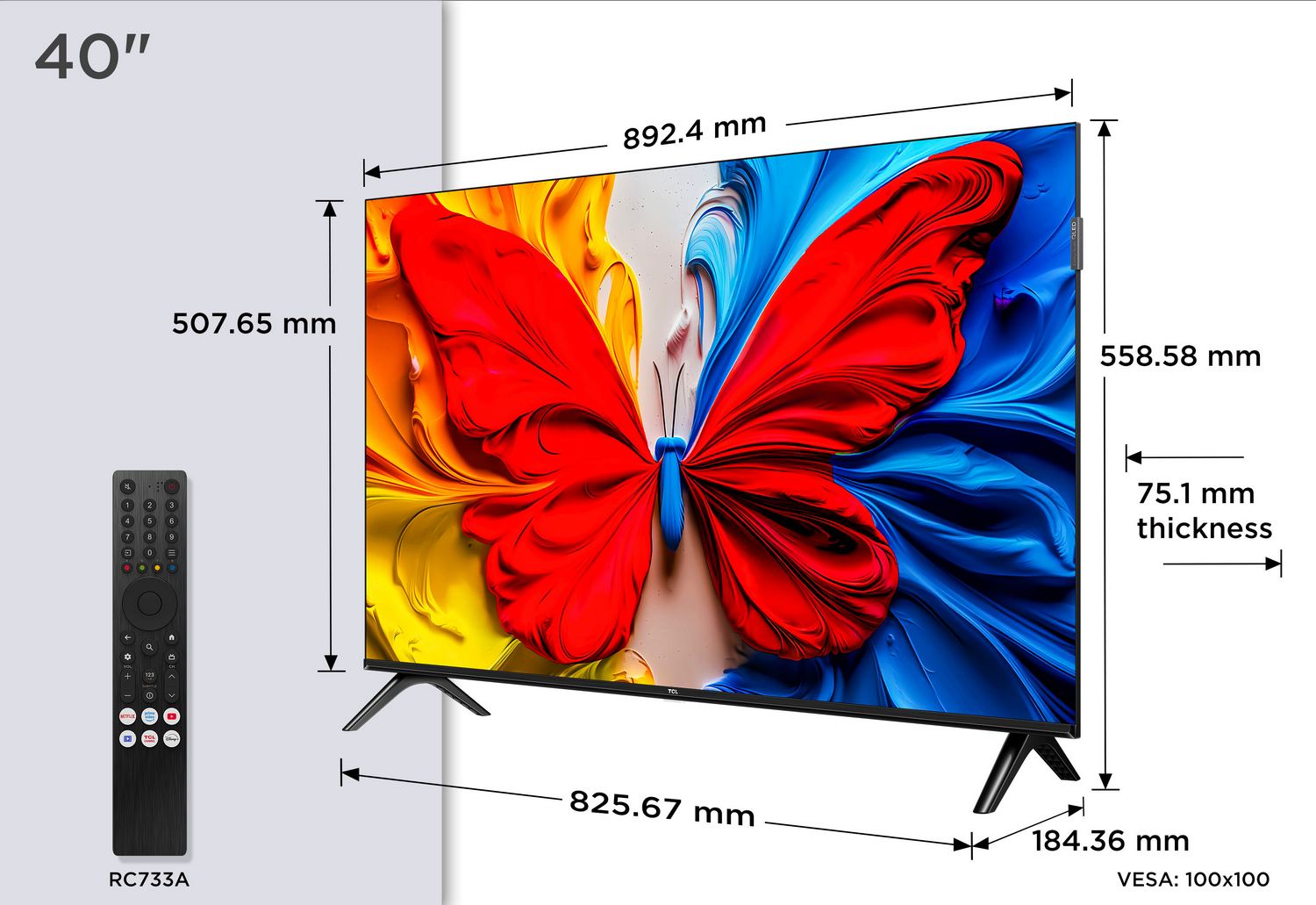 Televisor TCL de 40 pulgadas con dimensiones mostradas. La pantalla muestra una imagen de mariposa colorida. Mando a la izquierda.