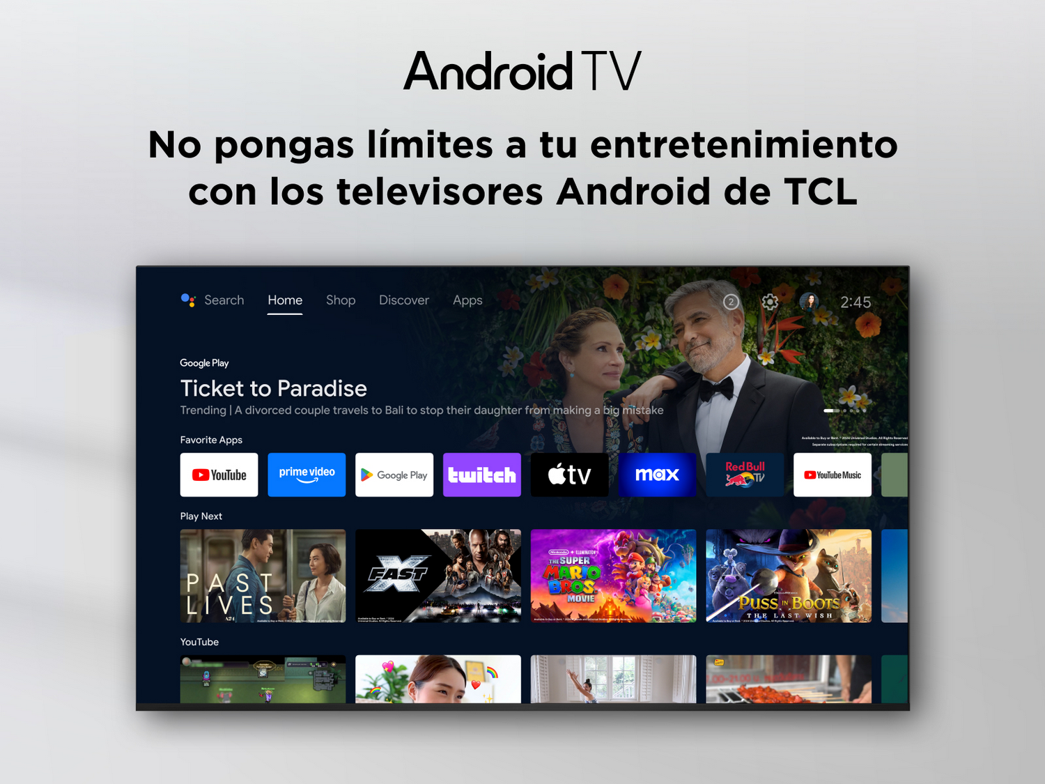Interfaz de Android TV, mostrando aplicaciones y sugerencias de películas, incluyendo YouTube, Netflix y Google Play.