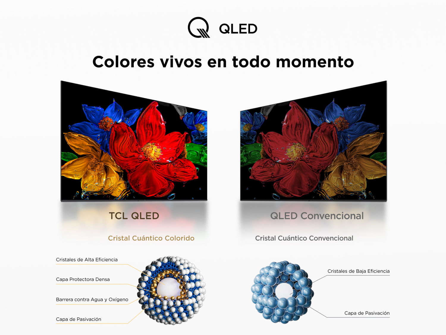 Dos televisores comparan TCL QLED y QLED convencional. Diagramas muestran estructuras internas, resaltando diferencias.