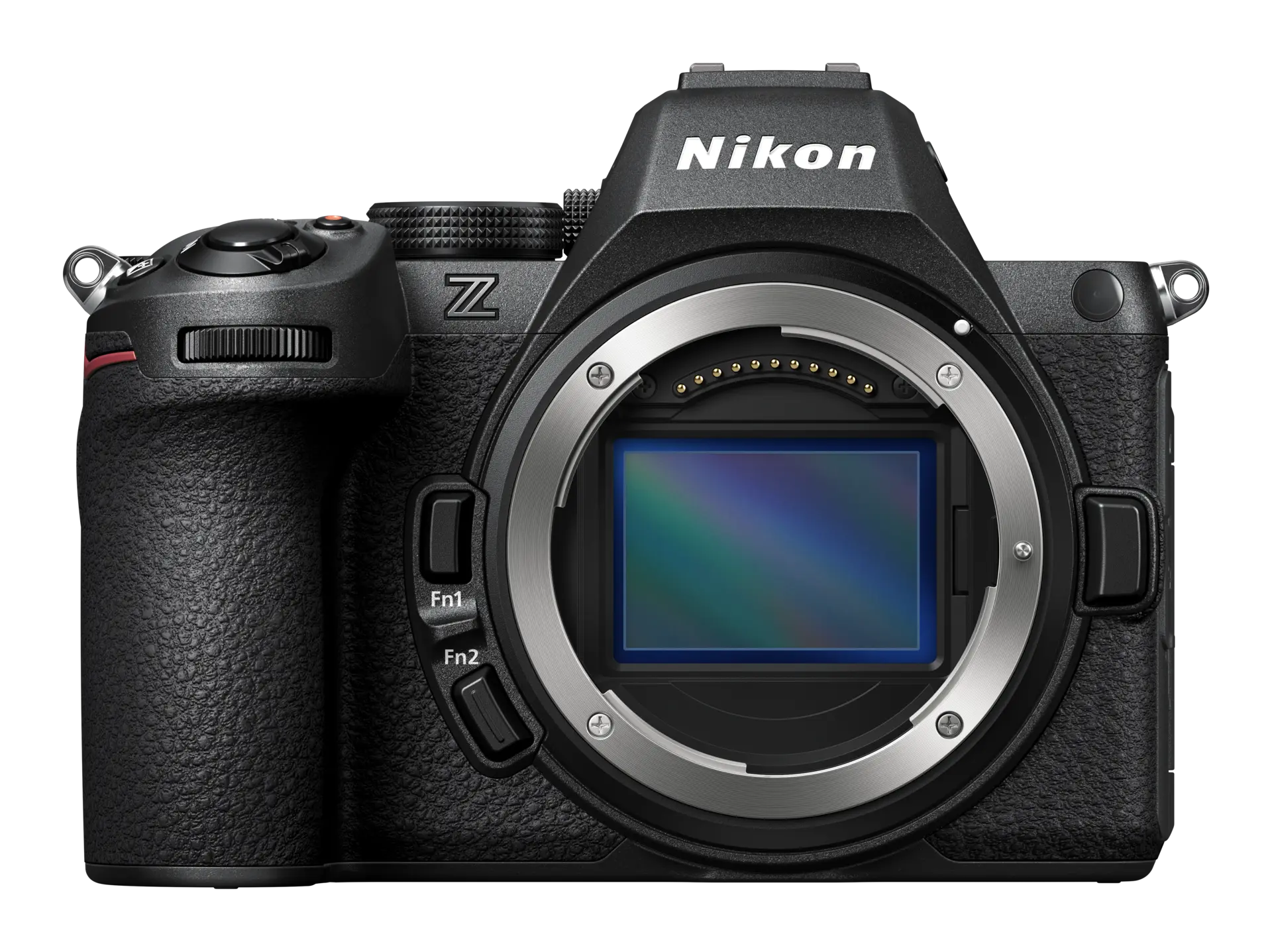 Cuerpo de cámara Nikon Z negra, vista frontal, con montura de lente.