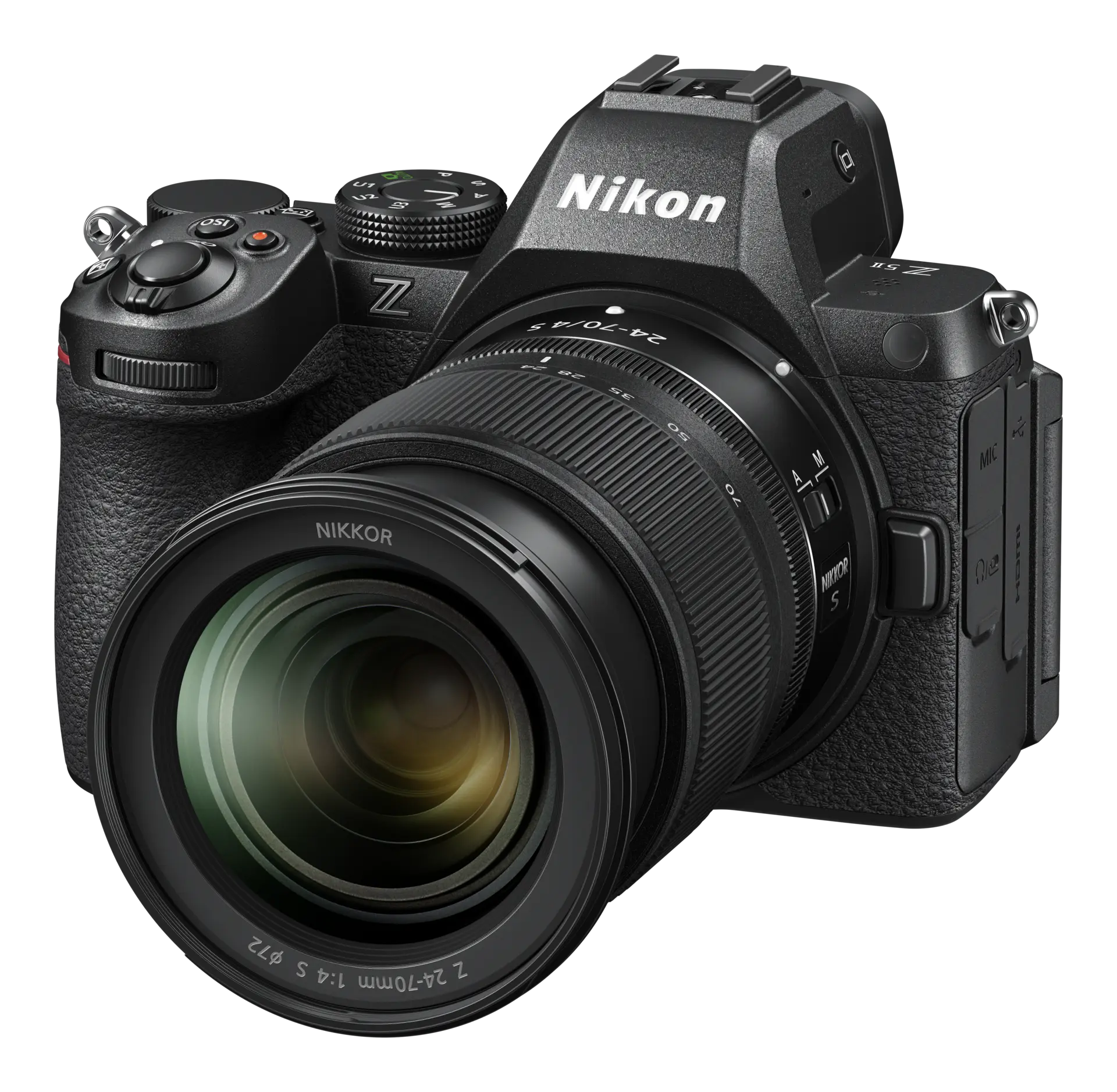 Cámara Nikon Z negra con lente adjunta, vista en ángulo, sobre fondo negro.