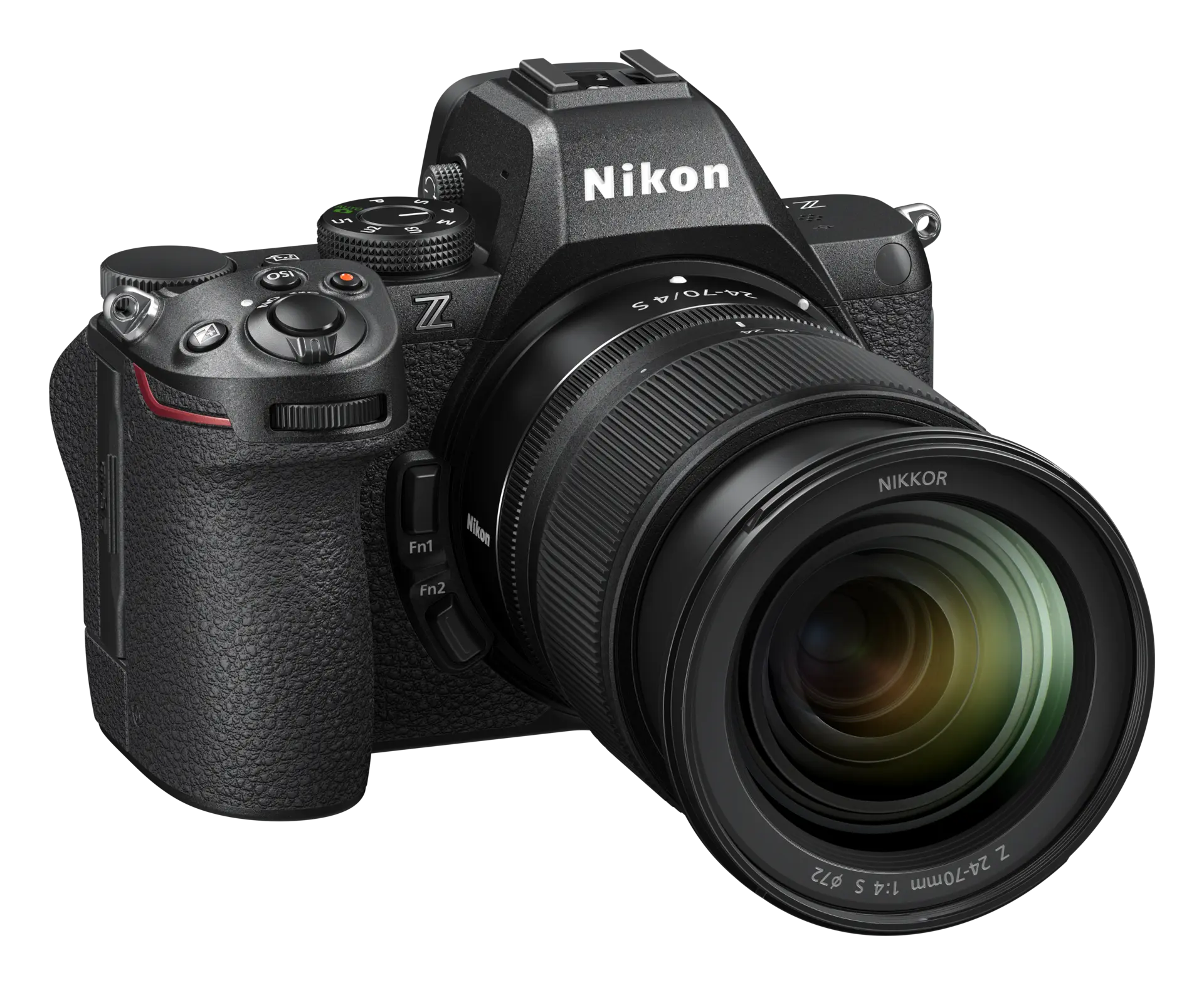 Cámara Nikon Z negra con lente adjunta, vista en ángulo, sobre fondo negro.
