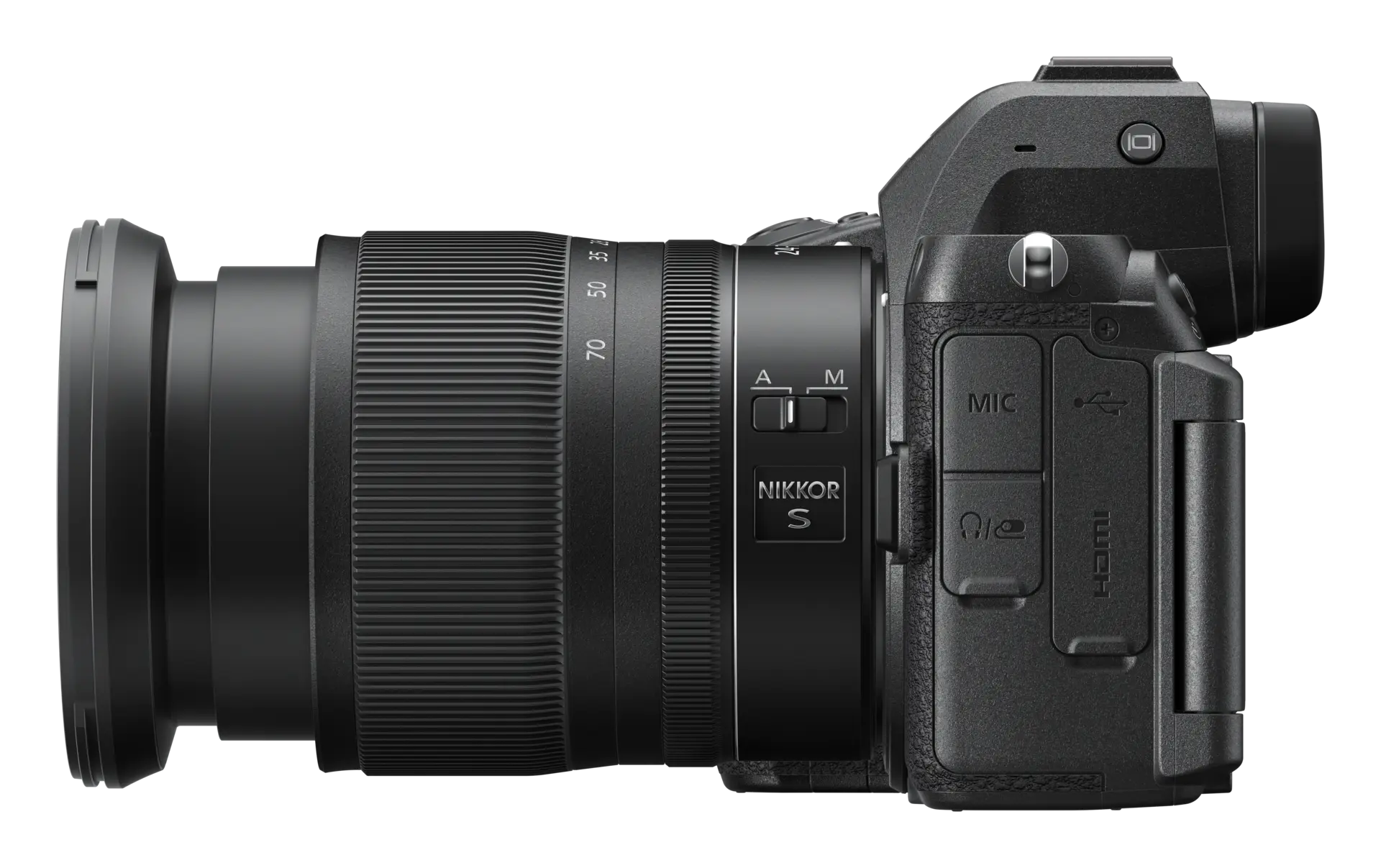Cámara Nikon Z negra con lente, vista lateral, fondo negro.