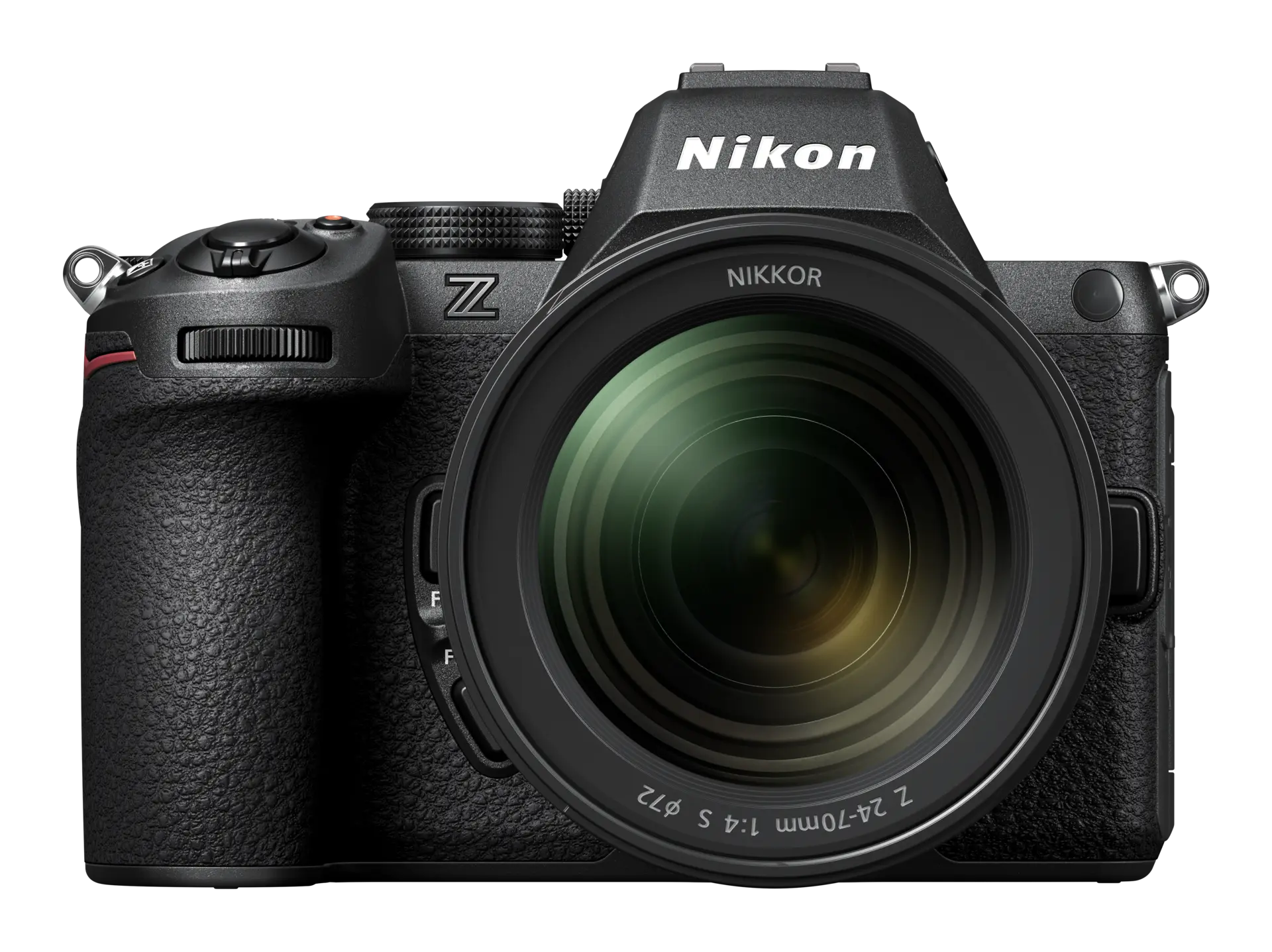 Cámara Nikon Z negra con lente, vista frontal, sobre fondo negro.