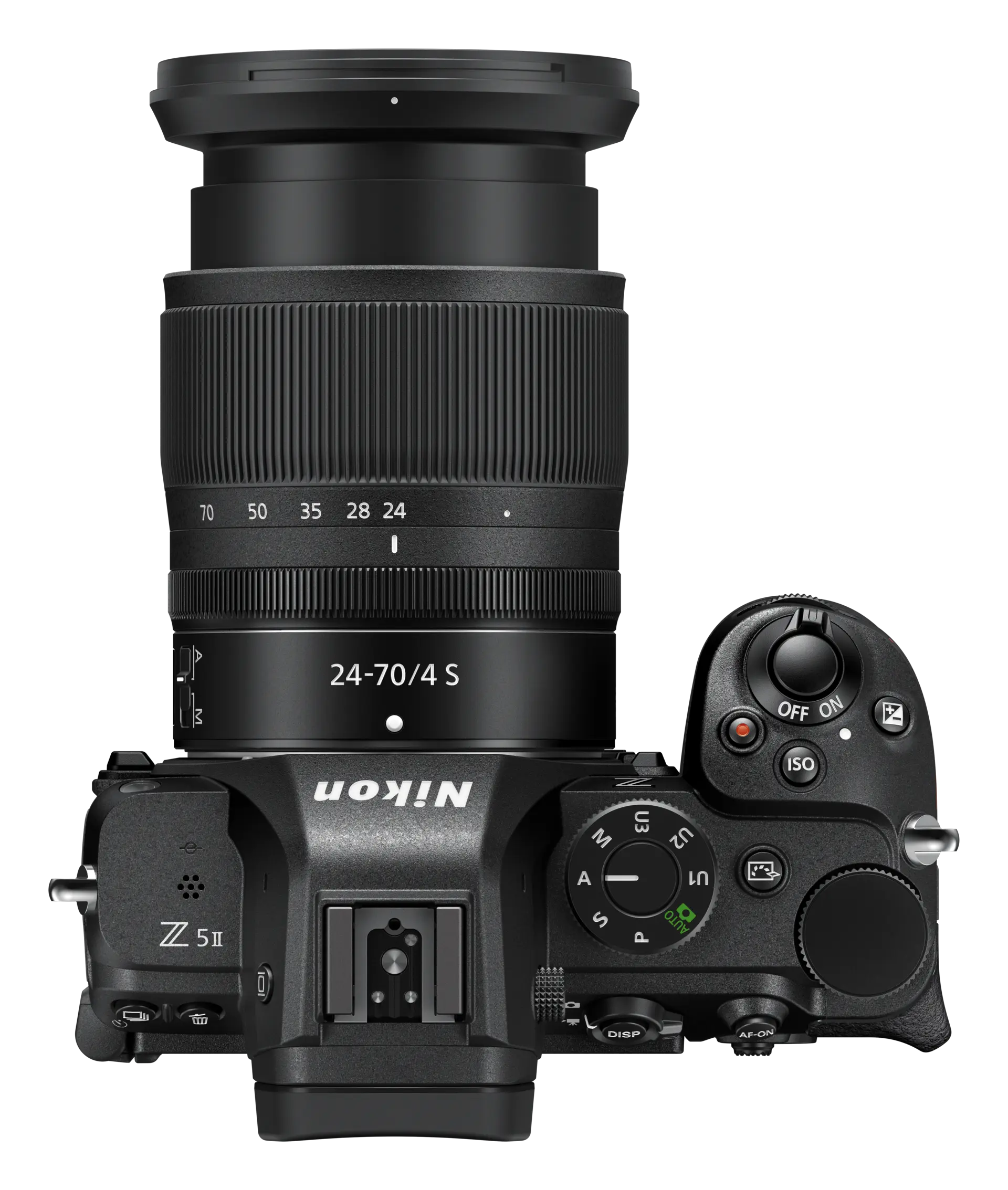 Una cámara con lente sobre fondo negro, vista frontal.