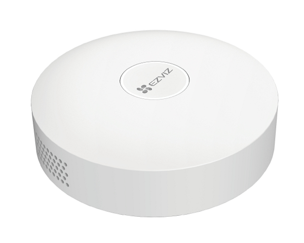 Dispositivo de seguridad EZVIZ blanco. Redondo, con un pequeño círculo central y ventilas. El dispositivo está sobre fondo blanco.