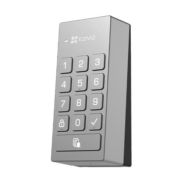 Teclado EZVIZ plateado con botones numéricos 1-9, iconos de candado, 0, marca de verificación y campana. Fondo blanco.