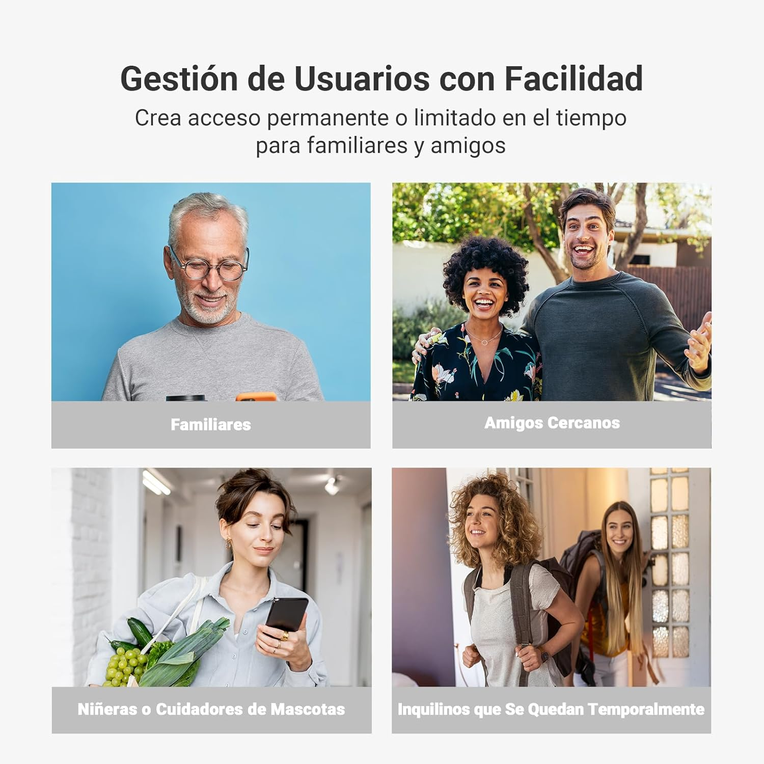 La imagen muestra cuatro paneles. Cada uno presenta personas y texto en español. Arriba a la izquierda: Hombre mayor. Arriba a la derecha: Pareja. Abajo a la izquierda: Mujer. Abajo a la derecha: Dos mujeres.