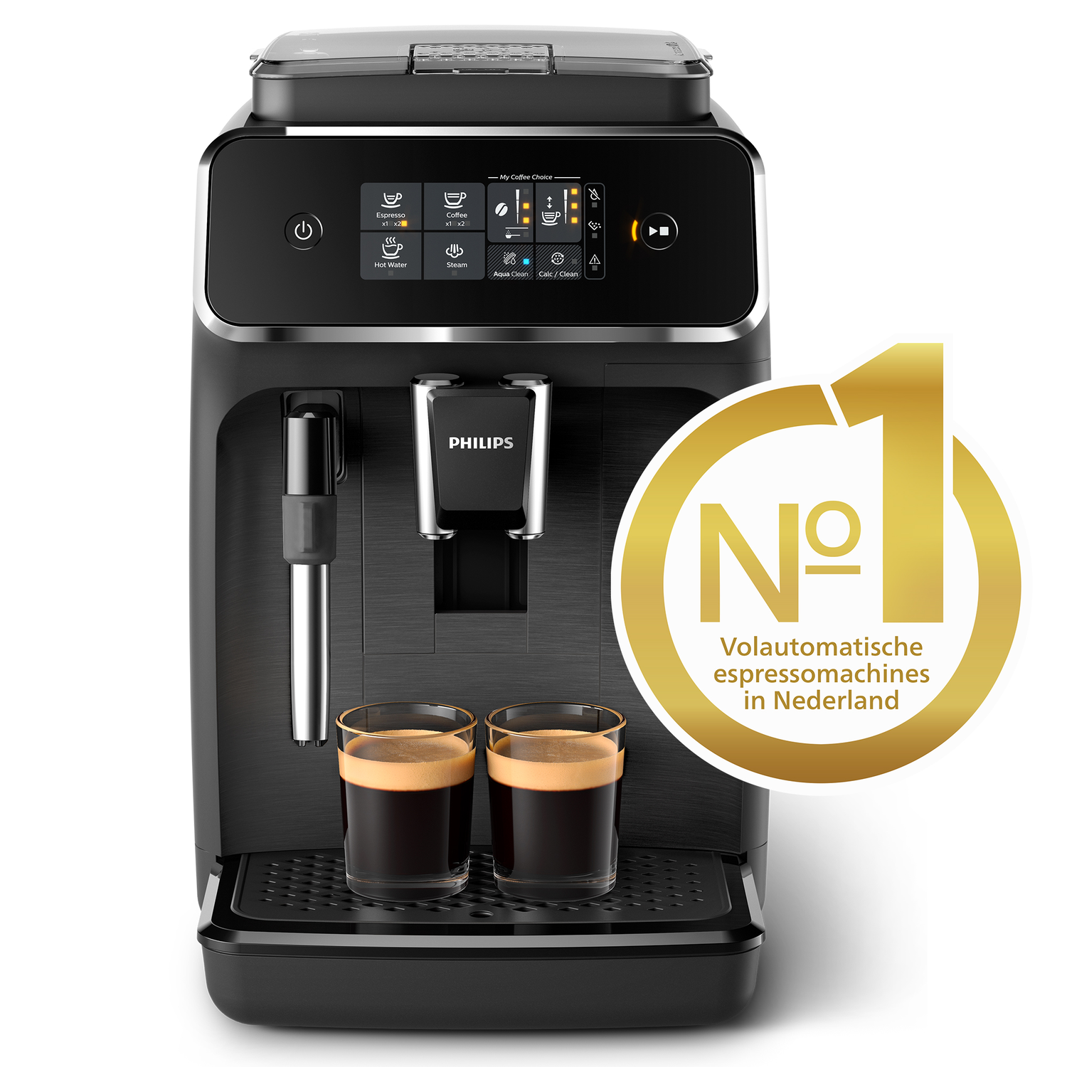 Zwarte Philips espressomachine met twee glazen koffie, een gouden 'No.1'-embleem.