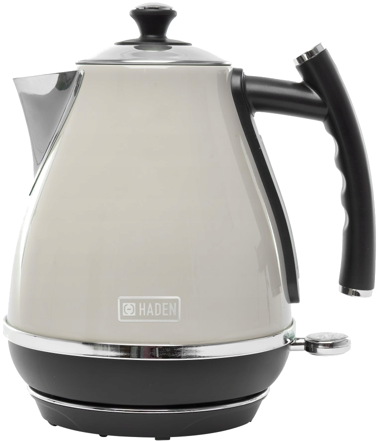 Kremowy czajnik elektryczny z czarnym uchwytem i podstawą.