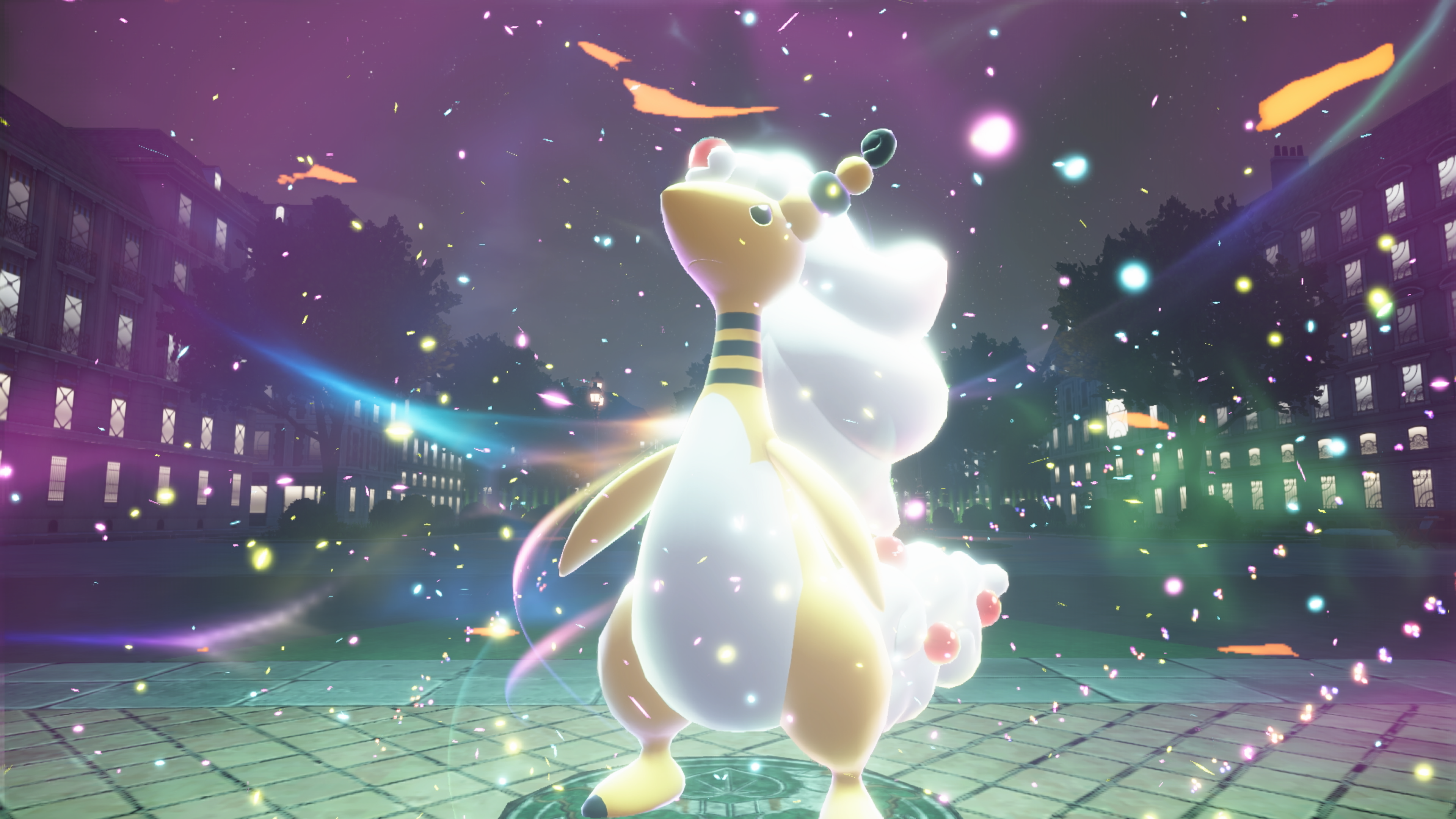 Un personaje Pokémon rodeado de partículas con una ciudad al fondo.
