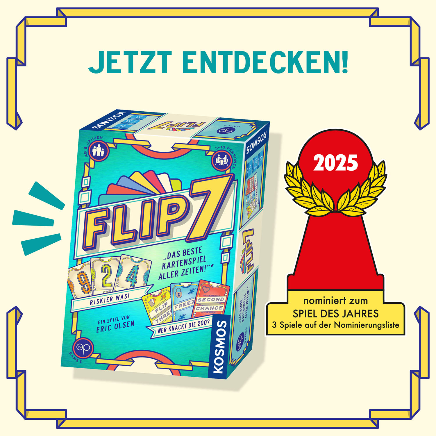 Spielbox des Flip 7 Kartenspiels. Box ist grün und blau. Ein roter Schlüssel mit Lorbeerkranz rechts.