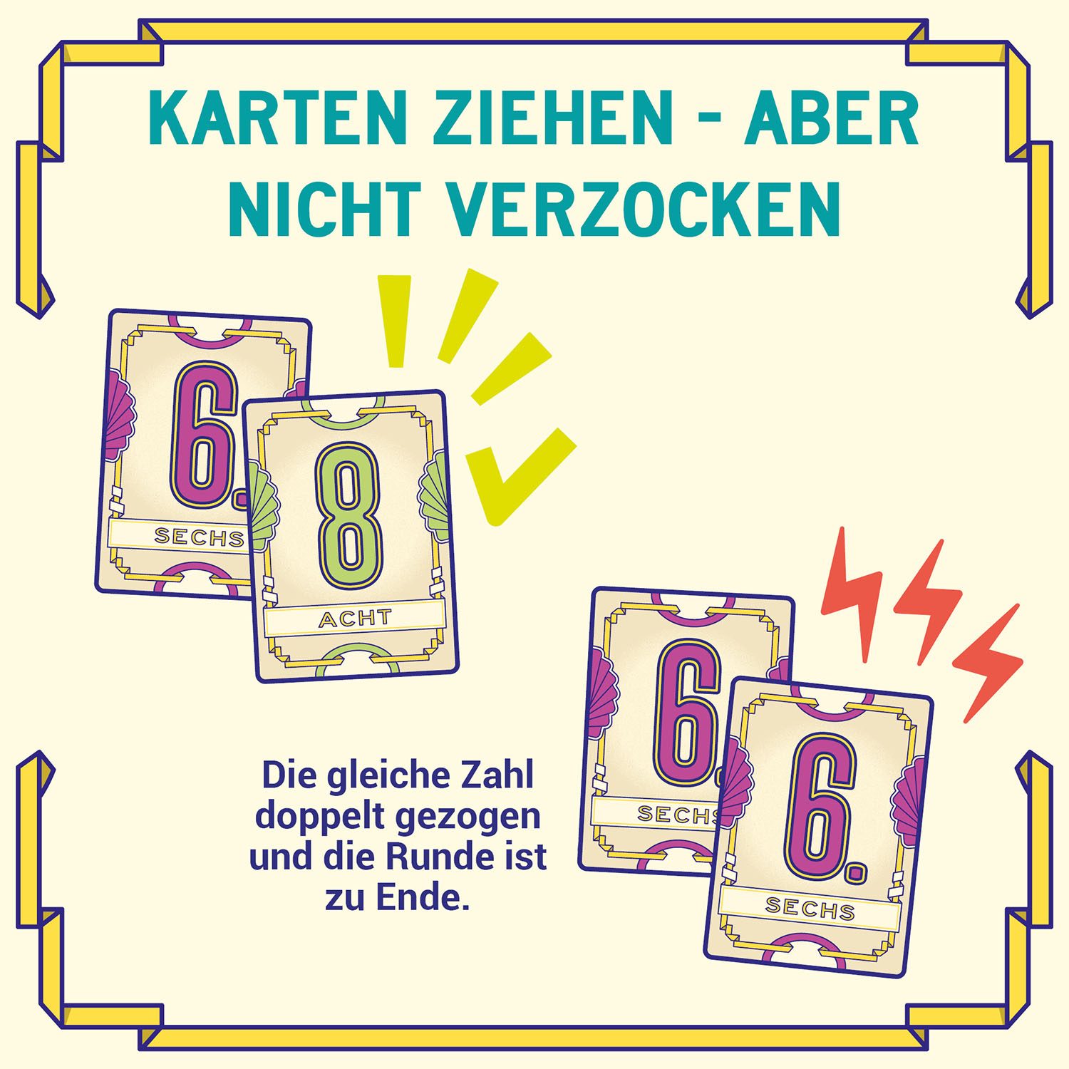 Kartenspielkarten mit den Zahlen 6 und 8. Häkchen und Blitze sind auf den Karten.