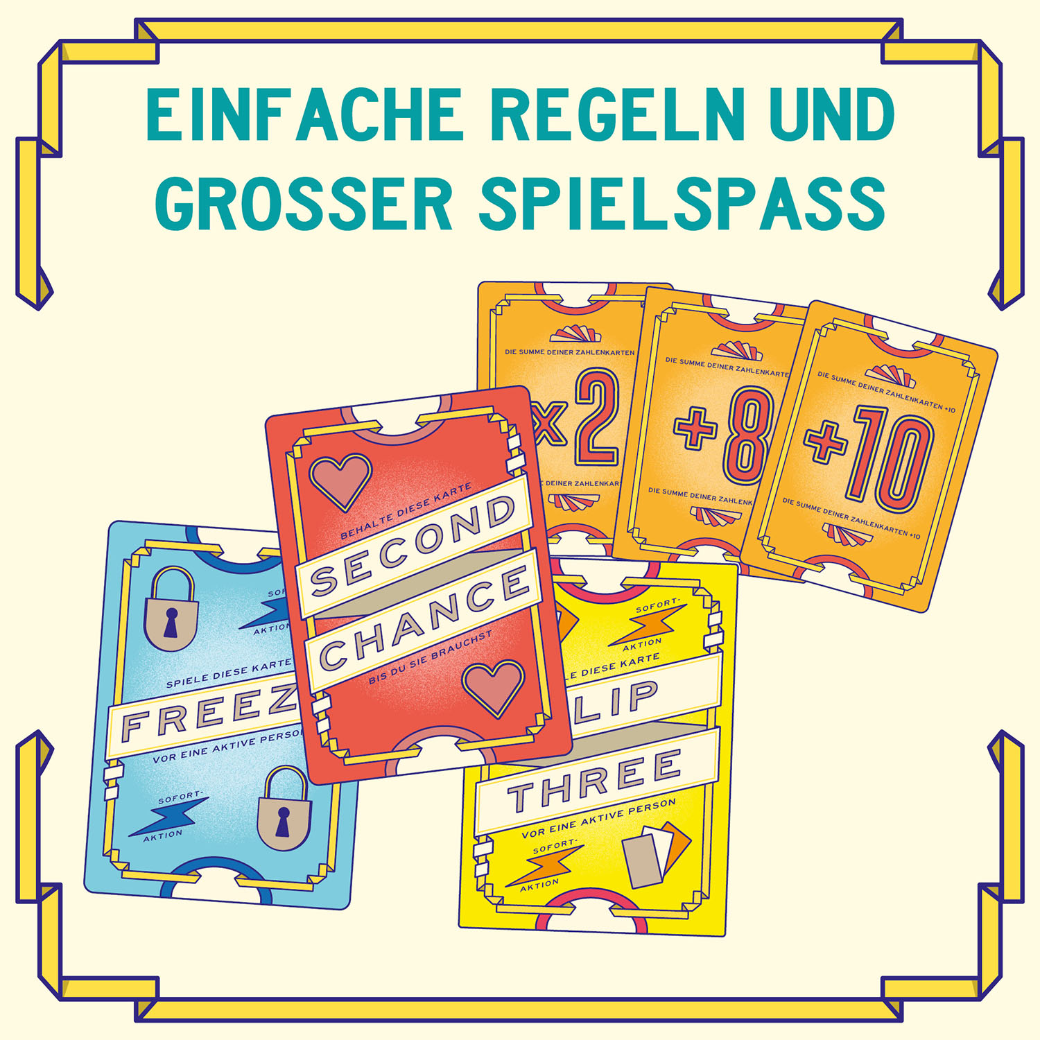 Kartenspiel mit mehreren Karten. Die Karten haben verschiedene Farben und Symbole. Einige sagen "FREEZE".