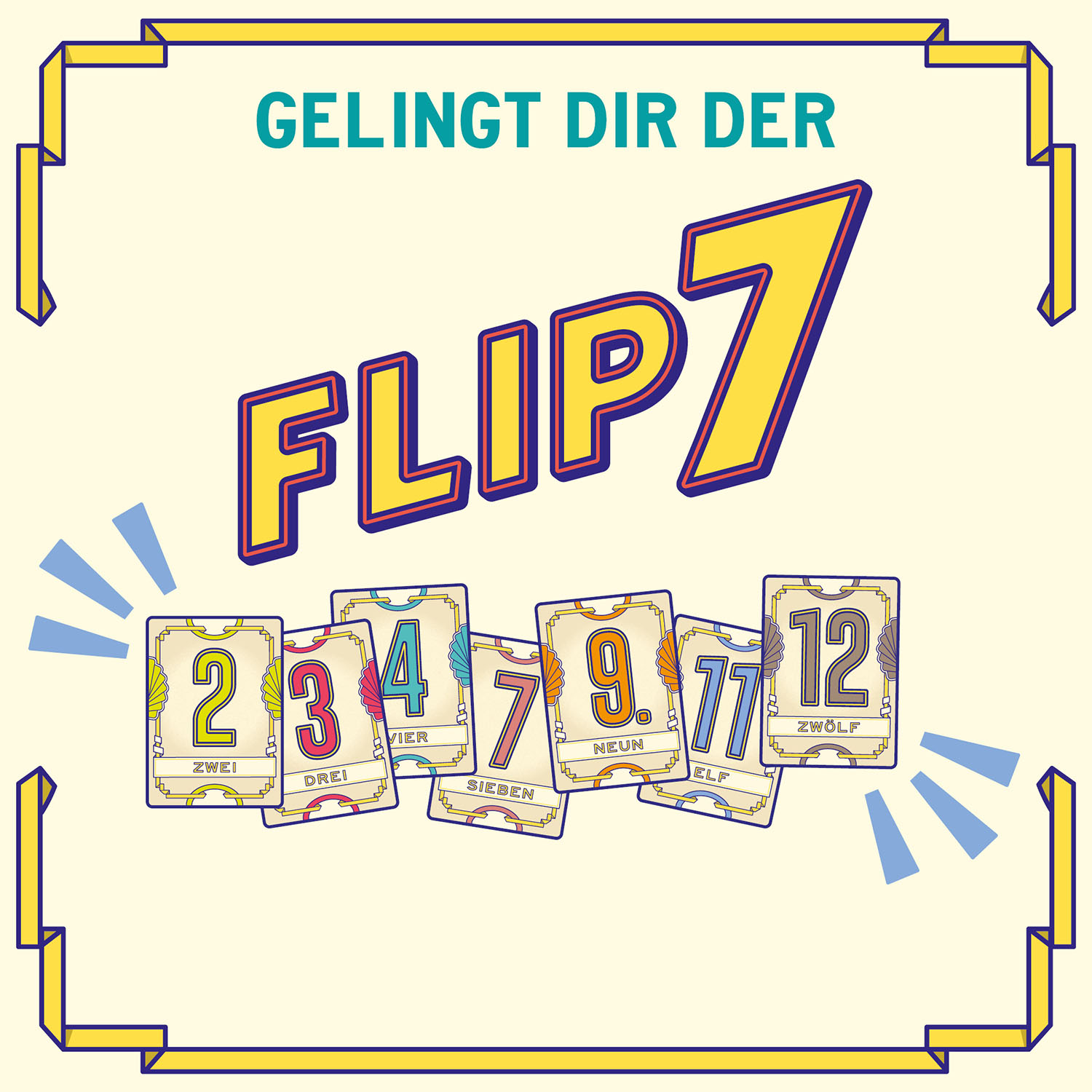 Flip 7 Kartenspiel. Karten zeigen Zahlen. Das Wort "Flip" steht oben. Blaue Pfeile erscheinen.