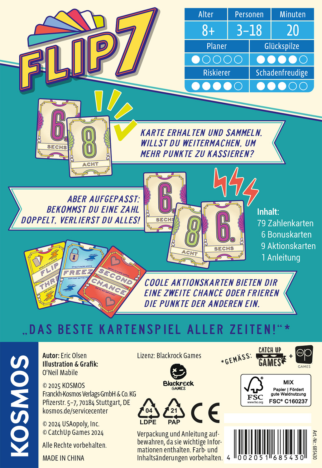 Die Rückseite einer Kartenspielbox mit Informationen. Karten mit Zahlen und Text werden gezeigt.