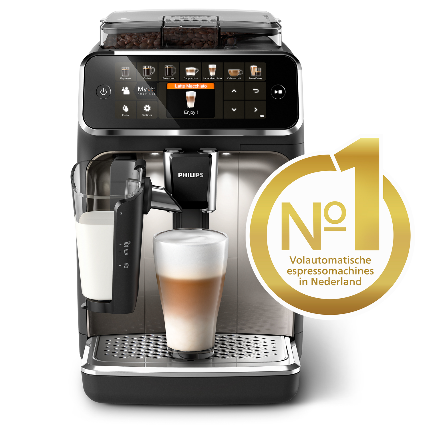 Koffiemachine die latte macchiato maakt, met een nummer één icoon rechts.