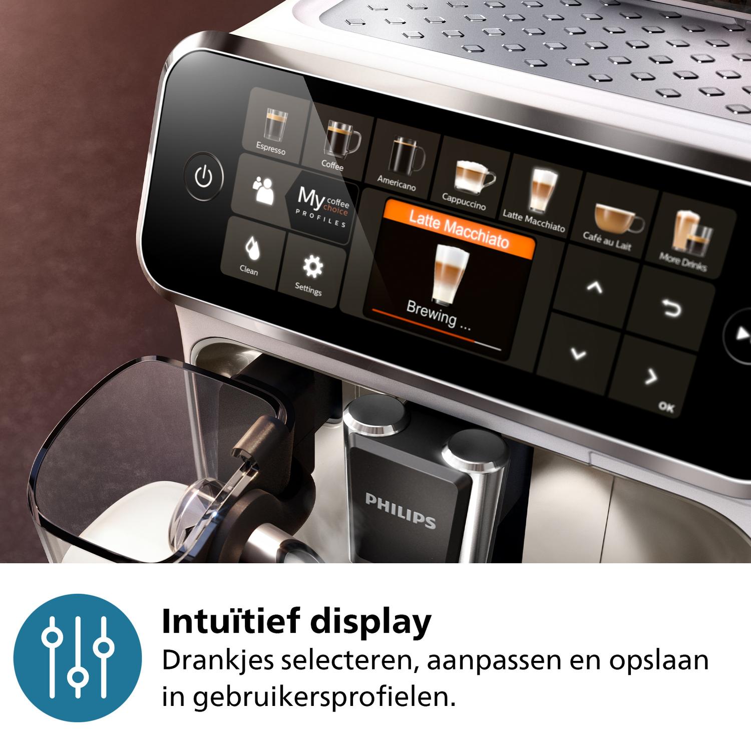 Koffiemachine met een touchscreen met koffie-opties.