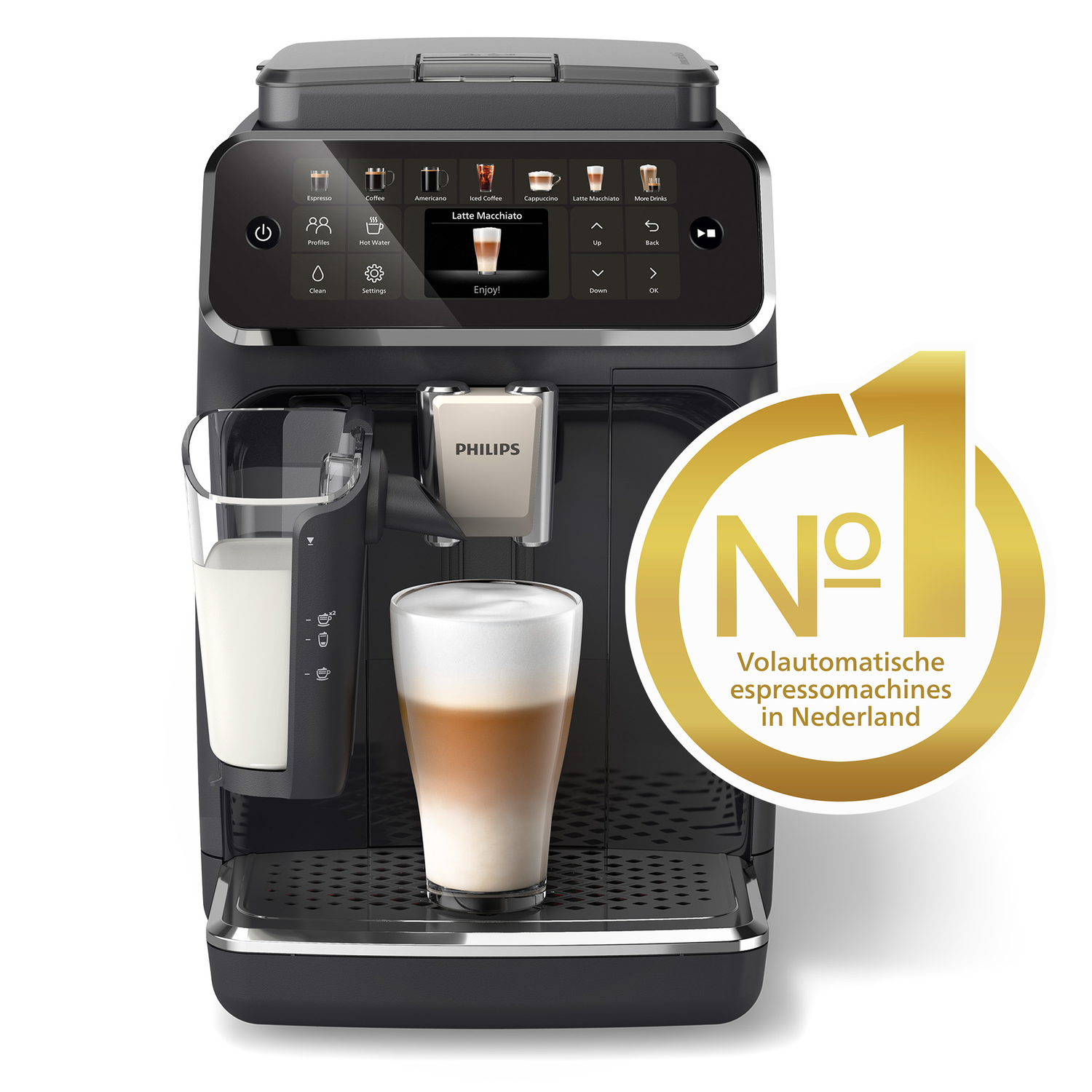 Coffee machine making latte macchiato, with a milk container, and a number one sign.