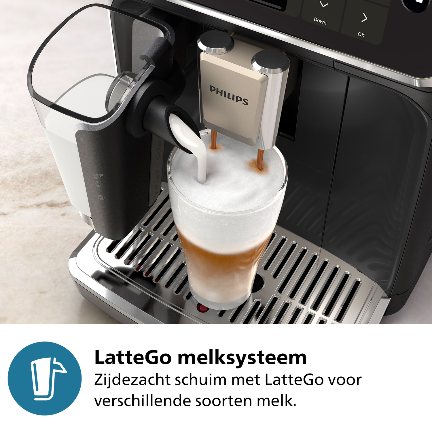 A coffee machine with milk being poured into a glass, making a latte macchiato.