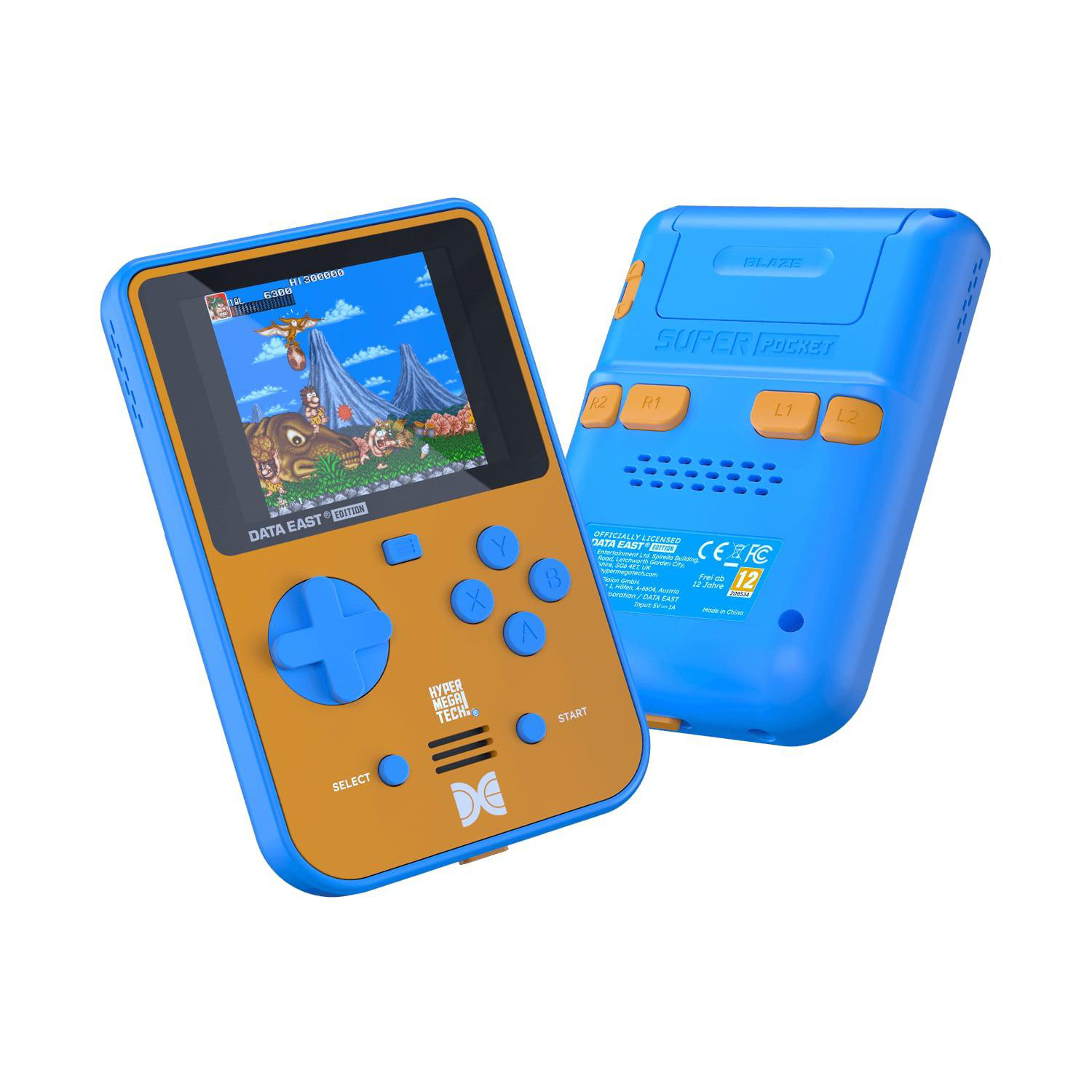 Blau-orange Handheld-Spielkonsole. Bildschirm zeigt ein Retro-Spiel. Knöpfe und Steuerkreuz sind sichtbar.
