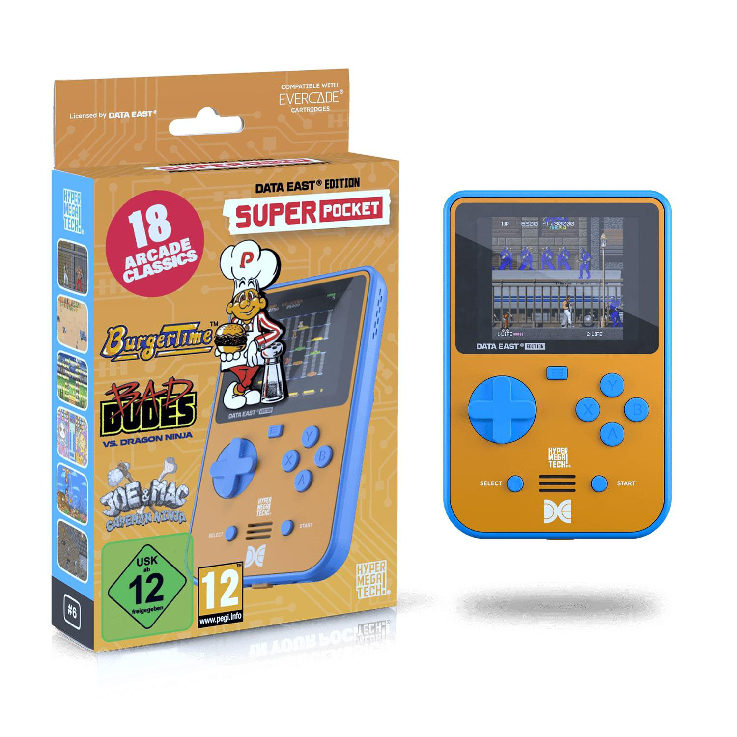 Verpackte blau-orange Handheld-Konsole. Box zeigt Spielkunst. Konsole hat Knöpfe, Bildschirm mit Spiel, Steuerkreuz.