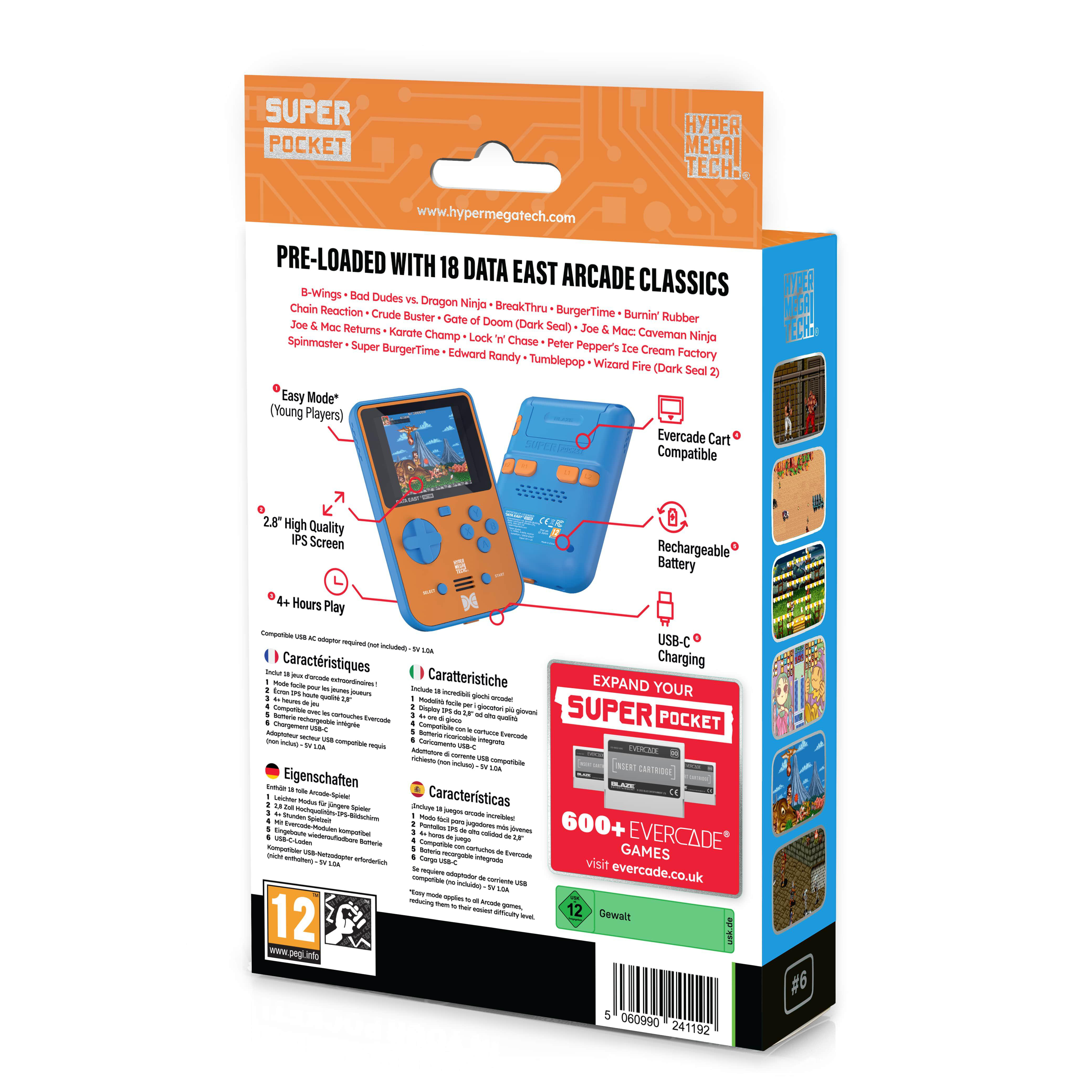 Box mit blau-orange Handheld-Konsole, Funktionen aufgelistet. Enthält Evercade-Kompatibilität, USB-C-Laden und mehr.