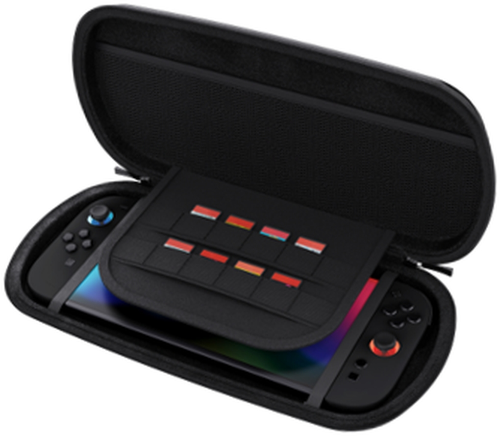 Custodia Switch nera aperta, con console e porta schede di gioco all'interno.