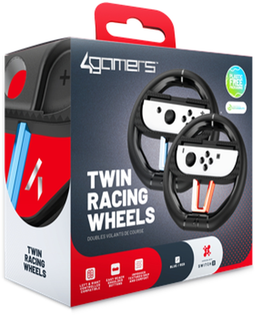 Boîte avec deux volants de course pour Switch, avec des accents rouges et bleus.