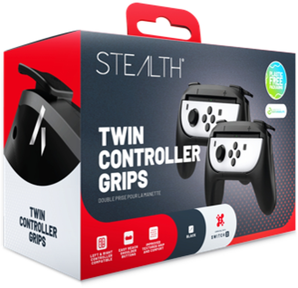 Box mit schwarzen Twin-Controller-Griffen für Switch, mit Produktinformationen.