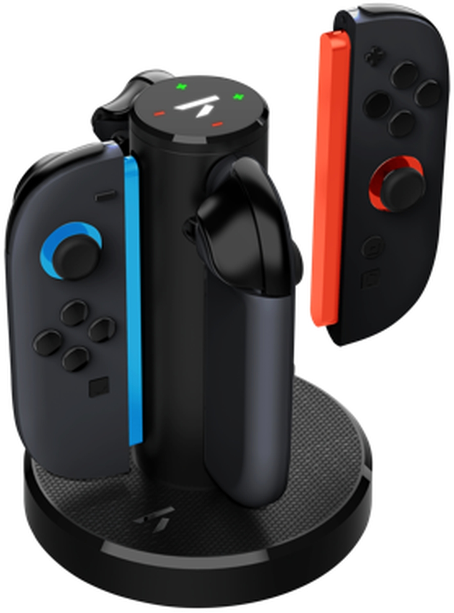 Stazione di ricarica nera con controller, un controller staccato, che mostra il suo lato rosso.