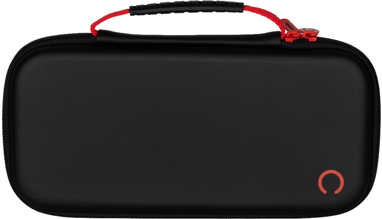 Custodia nera per console, con manico e cerniera rossi, e logo rosso sul davanti.