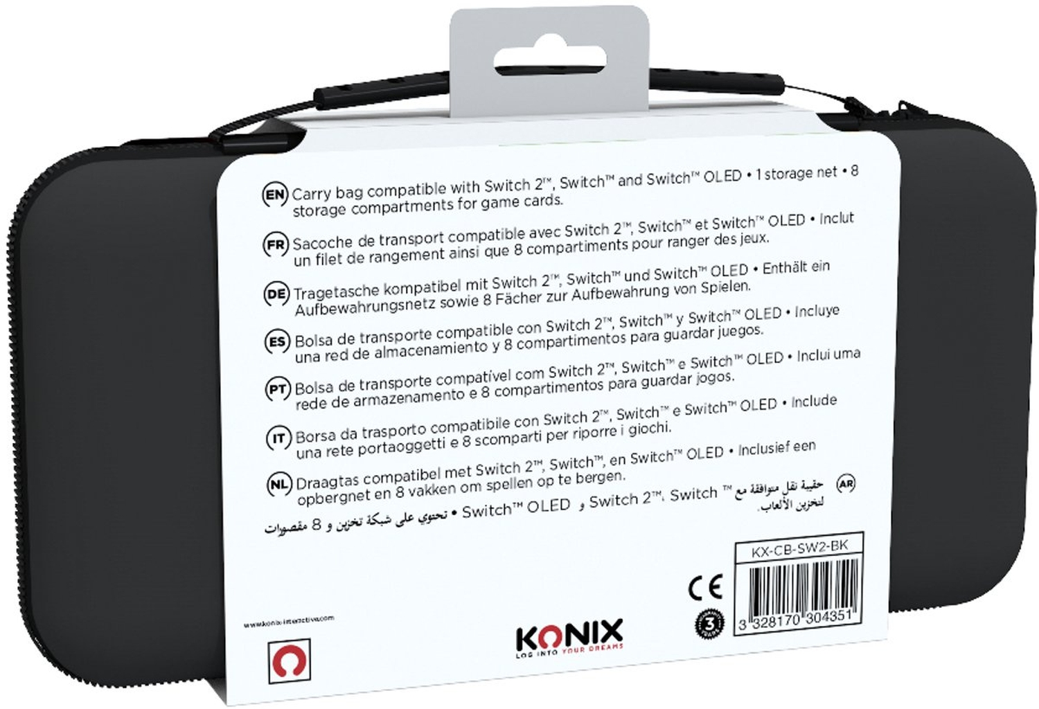 Borsa nera con confezione bianca. Testo: Borsa per Switch, Switch OLED. Logo KONIX.