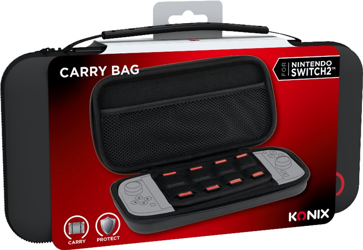 Borsa per Nintendo Switch 2. Nera con etichetta rossa, mostra la console all'interno. Logo KONIX.