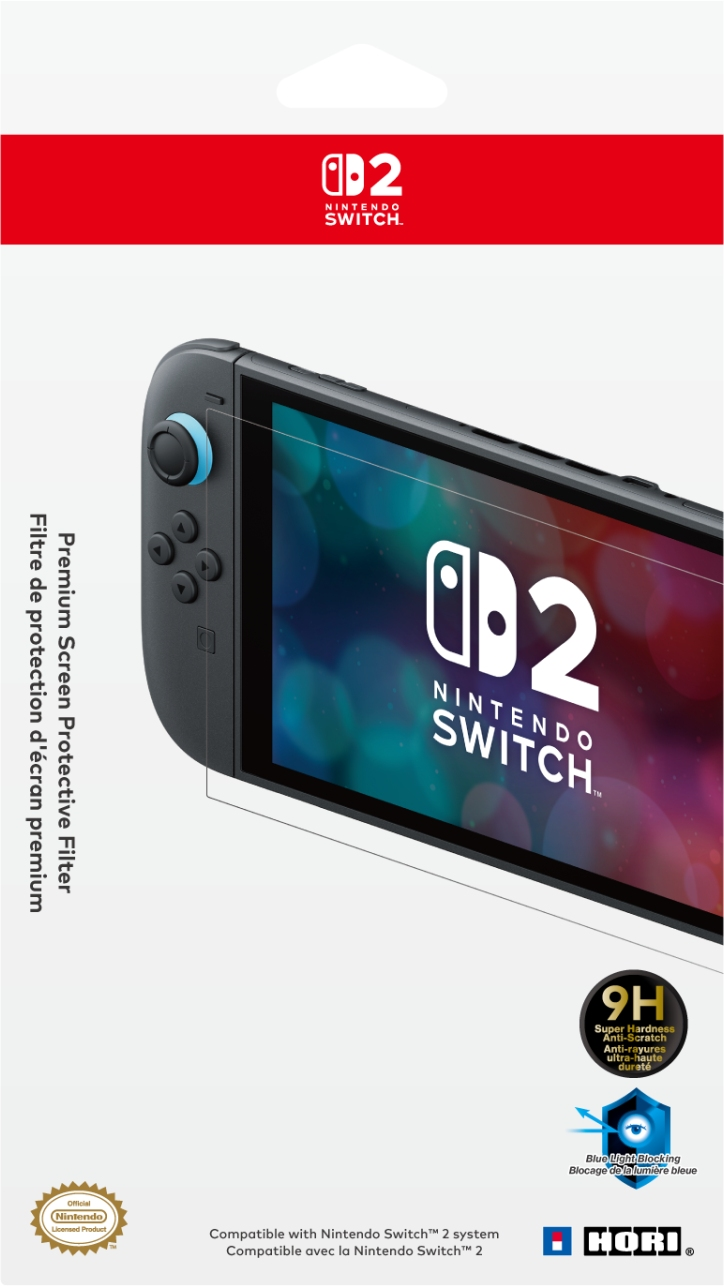 Confezione di una protezione schermo per Nintendo Switch. La console è mostrata dietro la protezione.