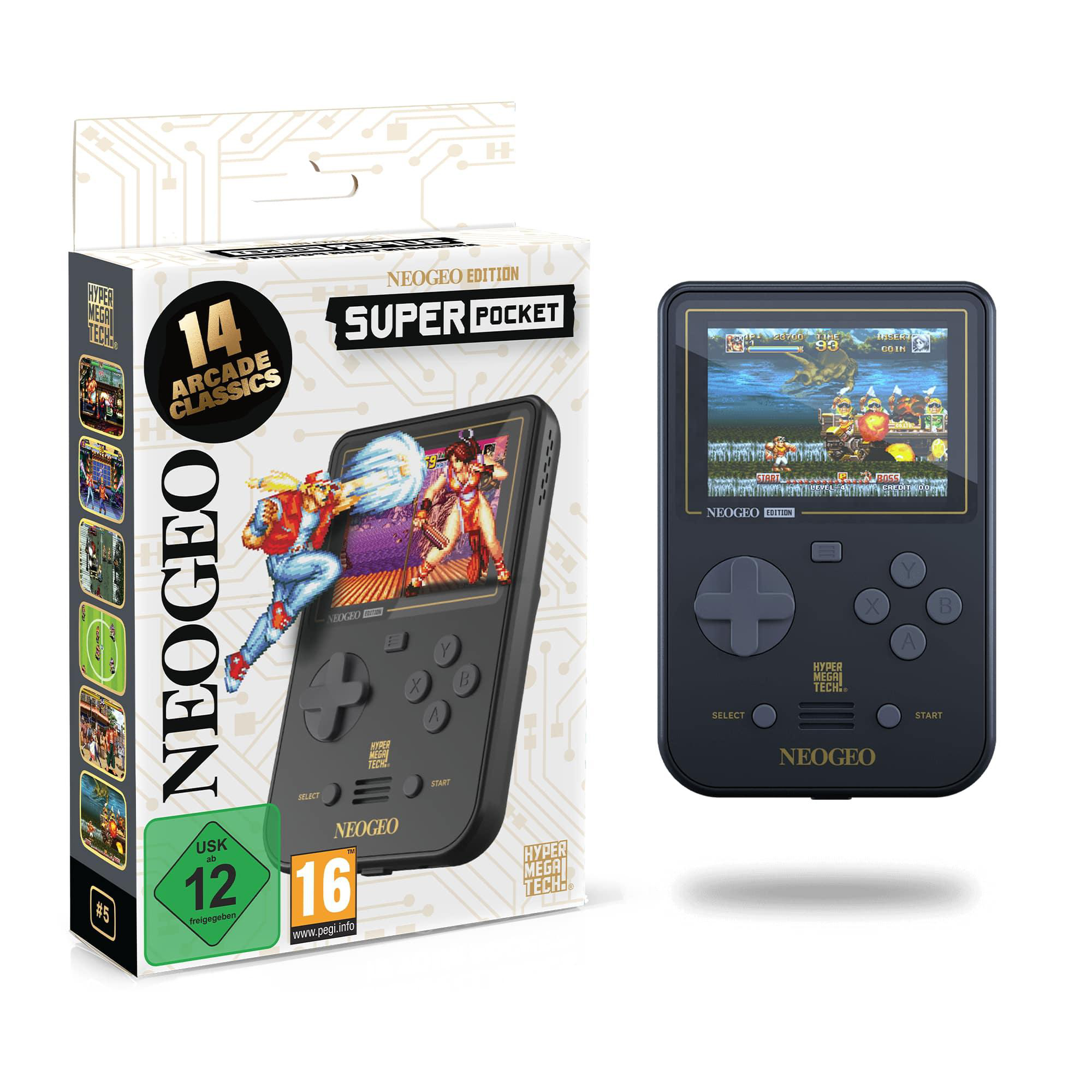Box und Handheld-Spielkonsole. Box zeigt die Konsole, das Spiel und Text. Konsole zeigt ein aktives Spiel.