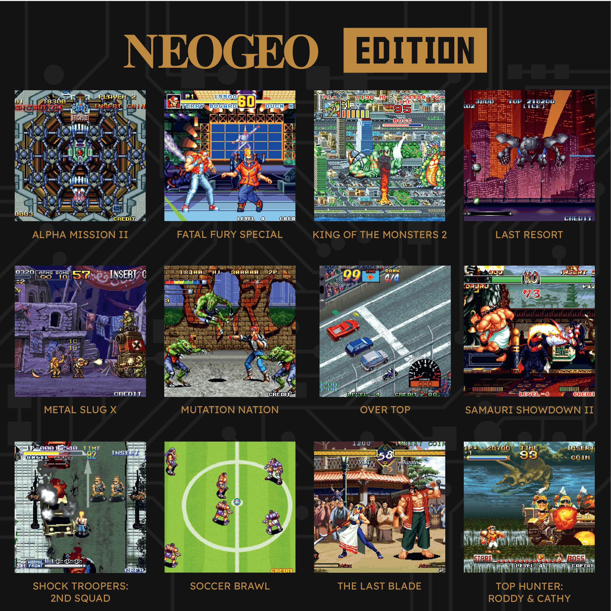Mehrere Spielbildschirme aus den Neo Geo Edition-Spielen. Vielfalt an Titeln und Spielkunst. Schwarzer Hintergrund.