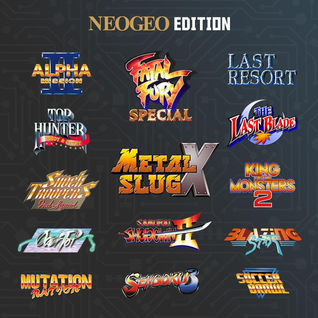 Logos verschiedener Neo Geo-Spiele. Titel umfassen Fatal Fury, Metal Slug und andere. Schwarzer Hintergrund.