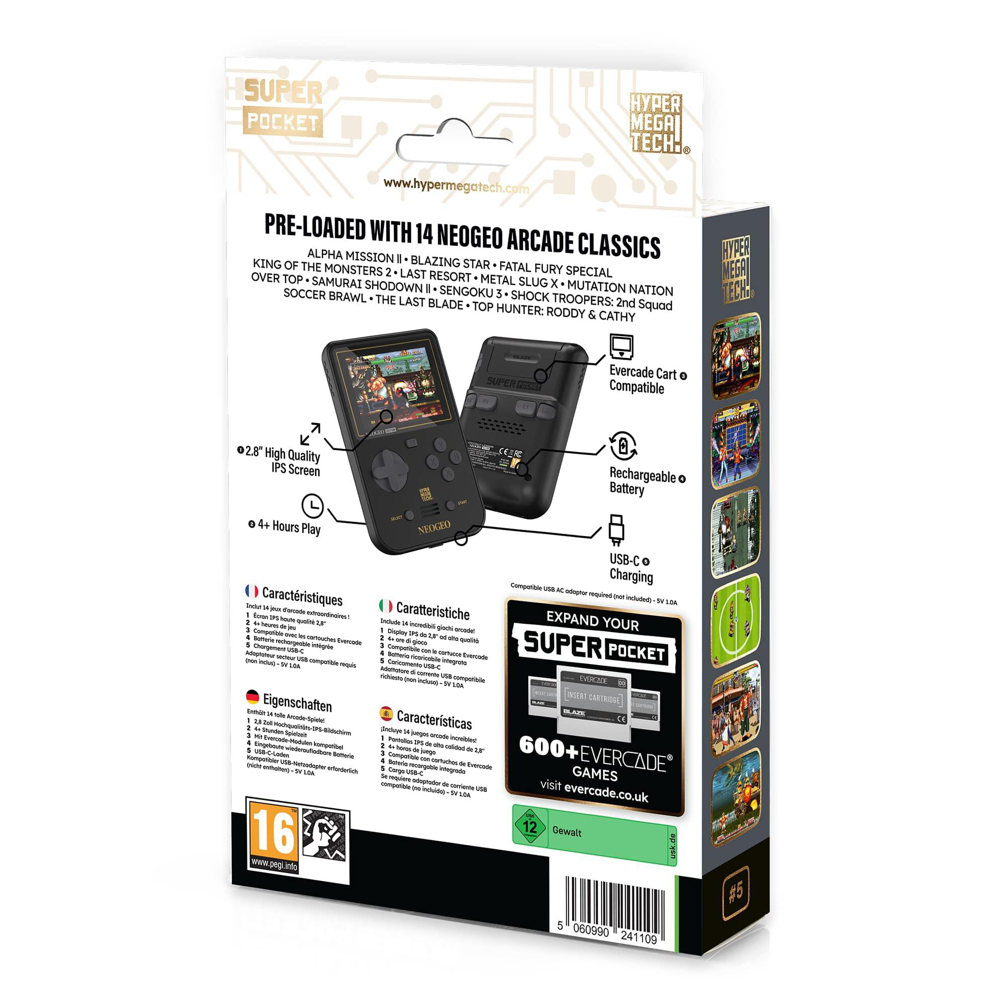 Box einer Handheld-Spielkonsole. Zeigt Konsole, Spiel und Funktionen. Weißer Hintergrund.
