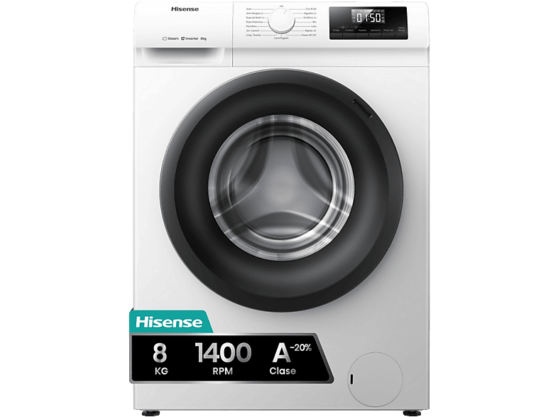 Hisense WF1Q8041BW, 8 kg, 1400 Rpm, Función Vapor, Eficiencia A-20%, Blanco