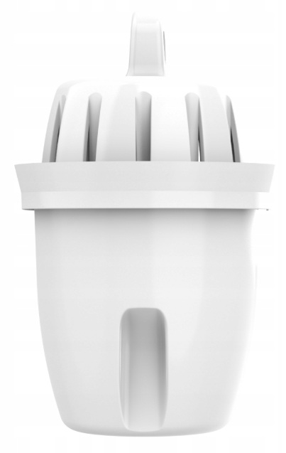 Biały filtr do wody. Ma uchwyt u góry, żebrowaną sekcję i gładki, zaokrąglony korpus.