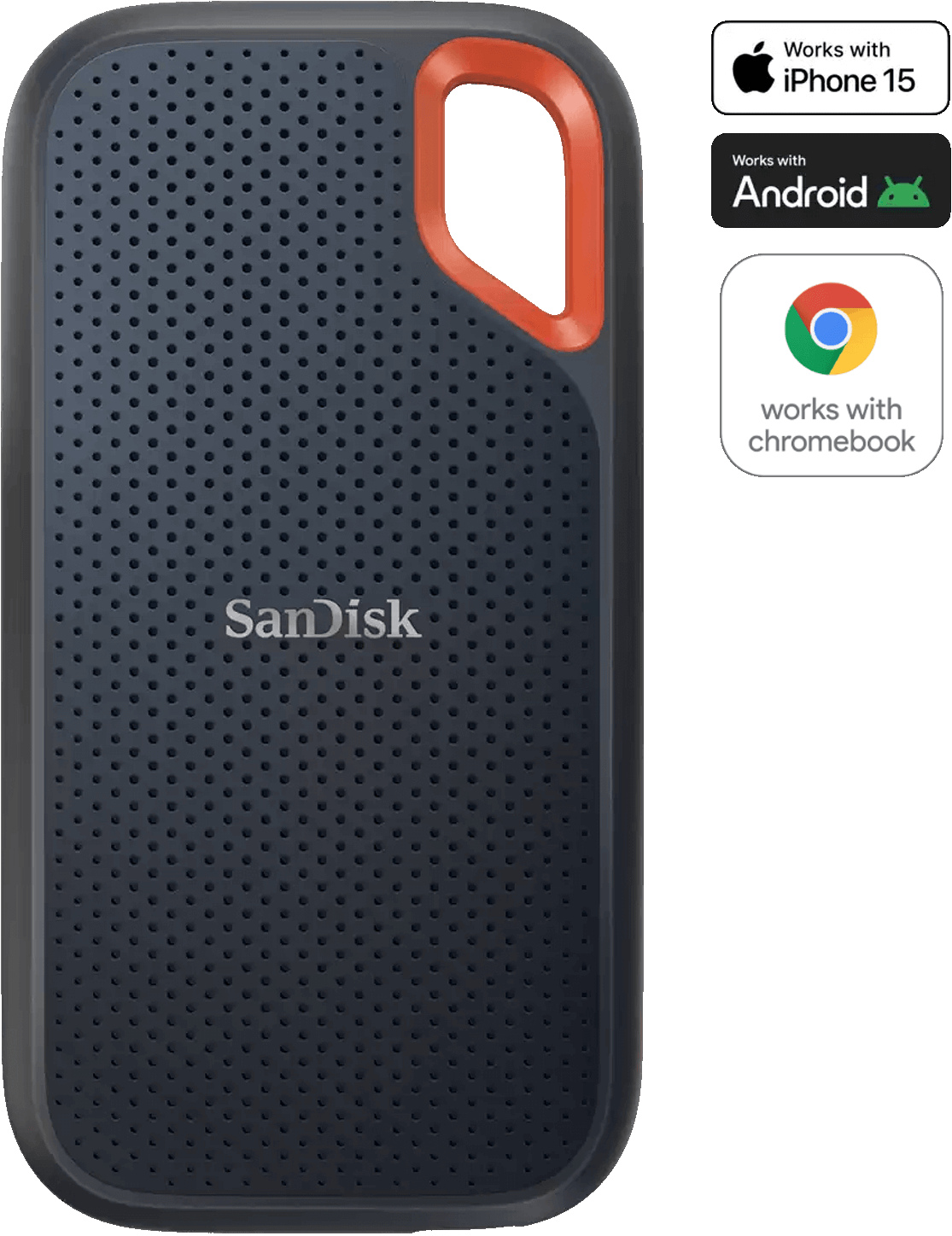 Hard disk esterno Sandisk. Grigio scuro con anello arancione. Compatibile con iPhone 15, Android e Chromebook.