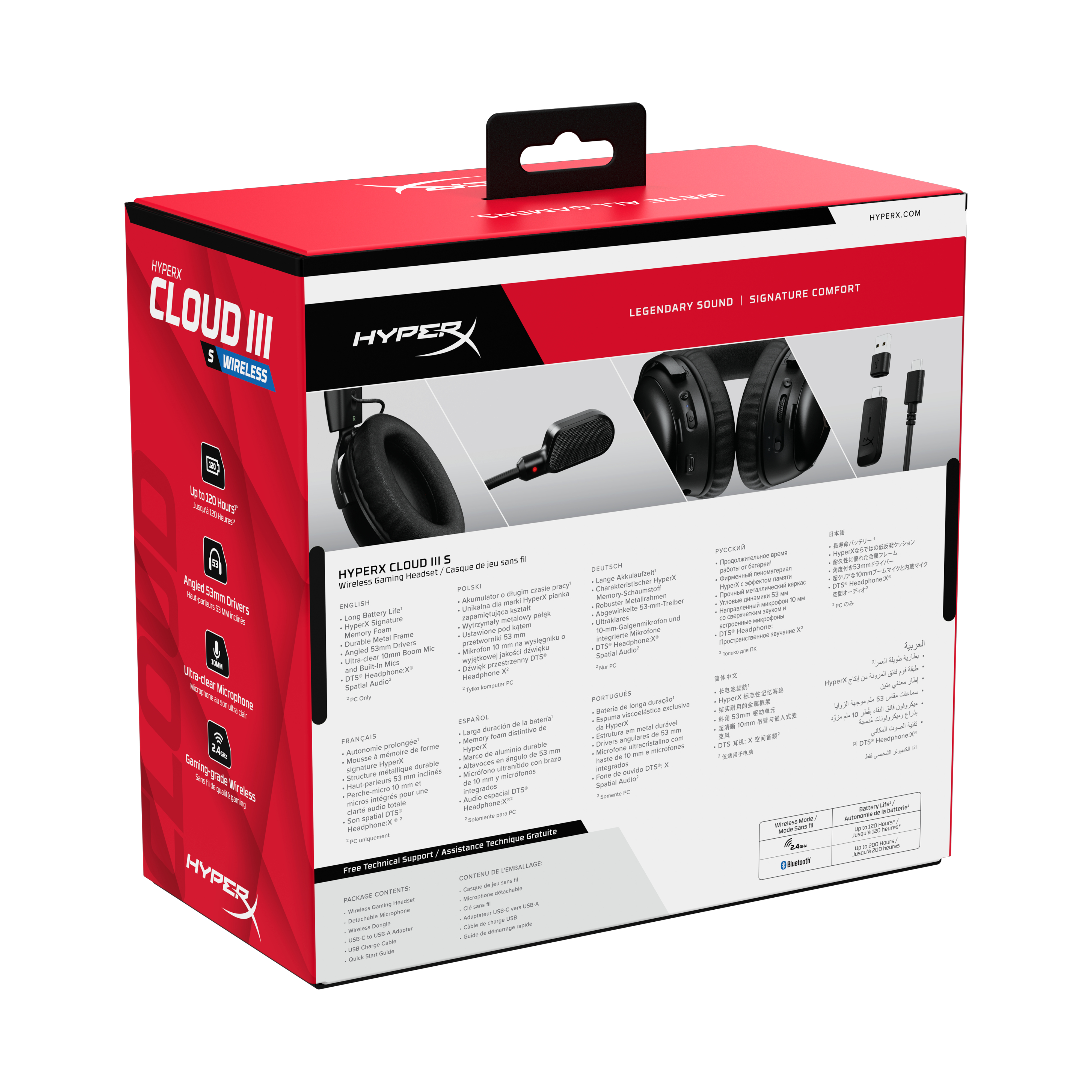 Box, HyperX Cloud III S Wireless. Text und Bilder auf der Box. Schwarzer Hintergrund.