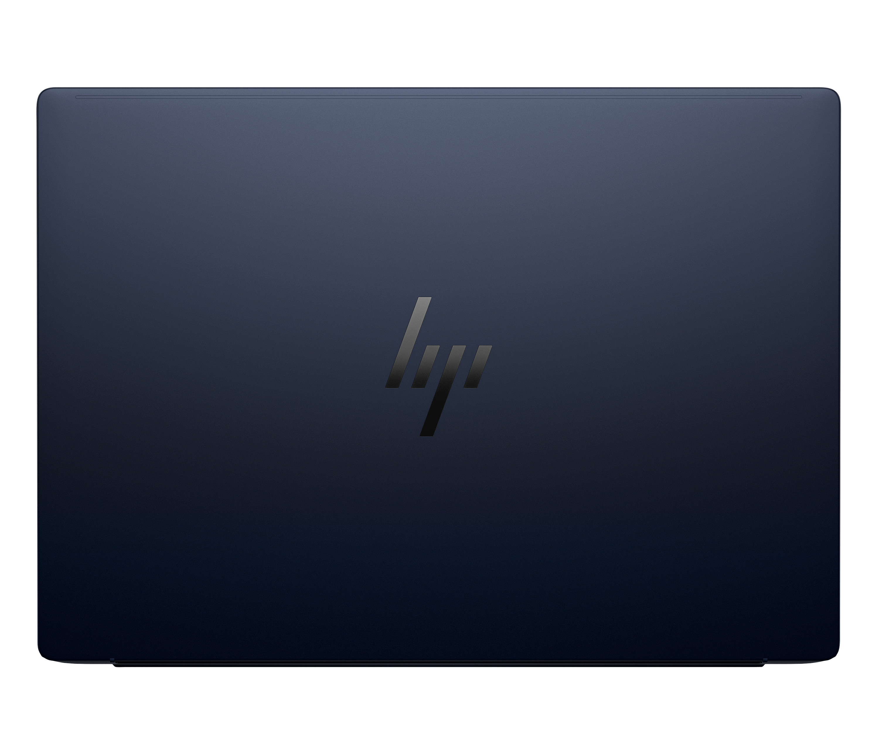Draufsicht auf einen geschlossenen dunkelblauen Laptop, mit HP-Logo in der Mitte.
