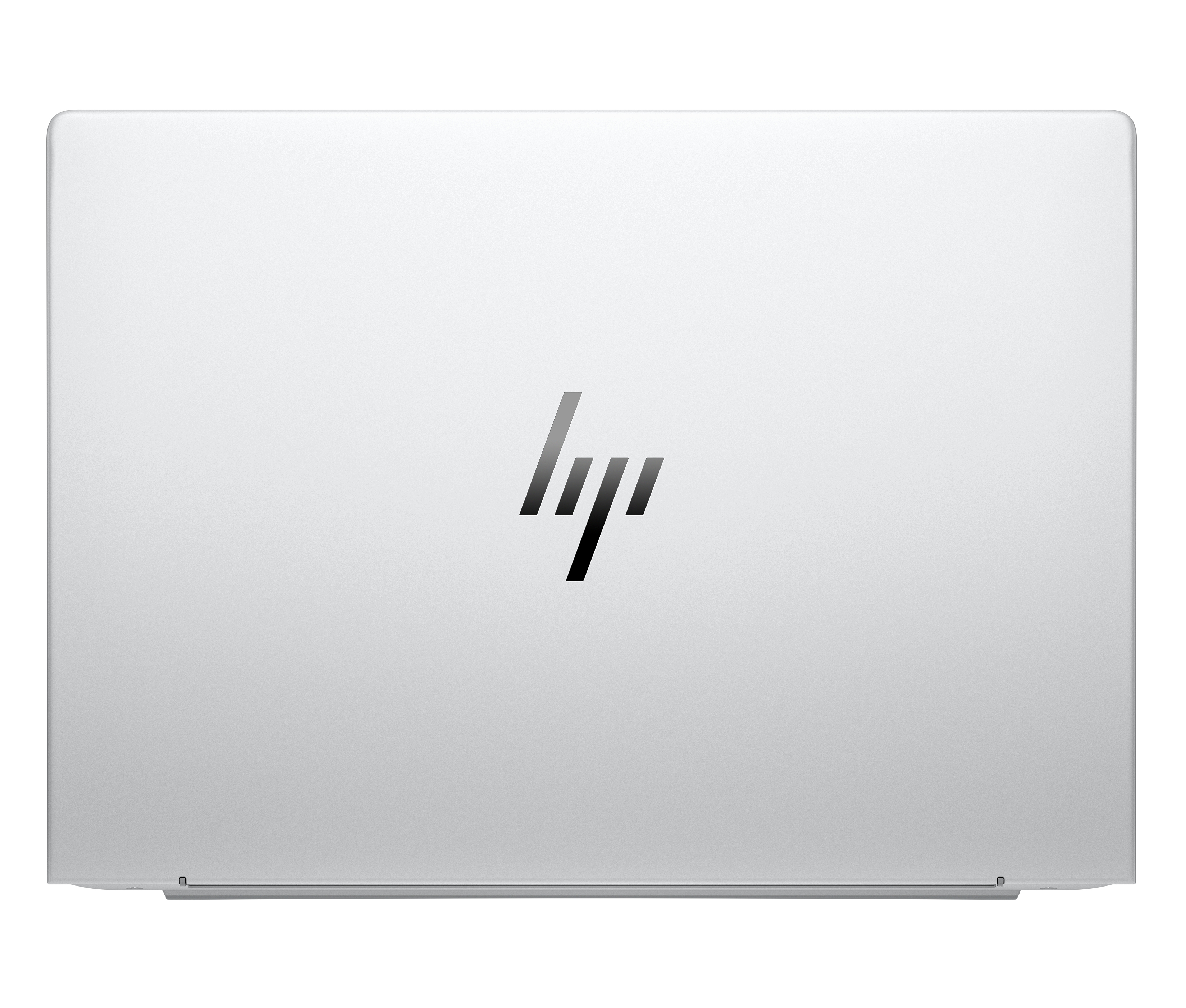 Silberner Laptopdeckel mit schwarzem HP-Logo. Unterkante mit kleinen Füßen.