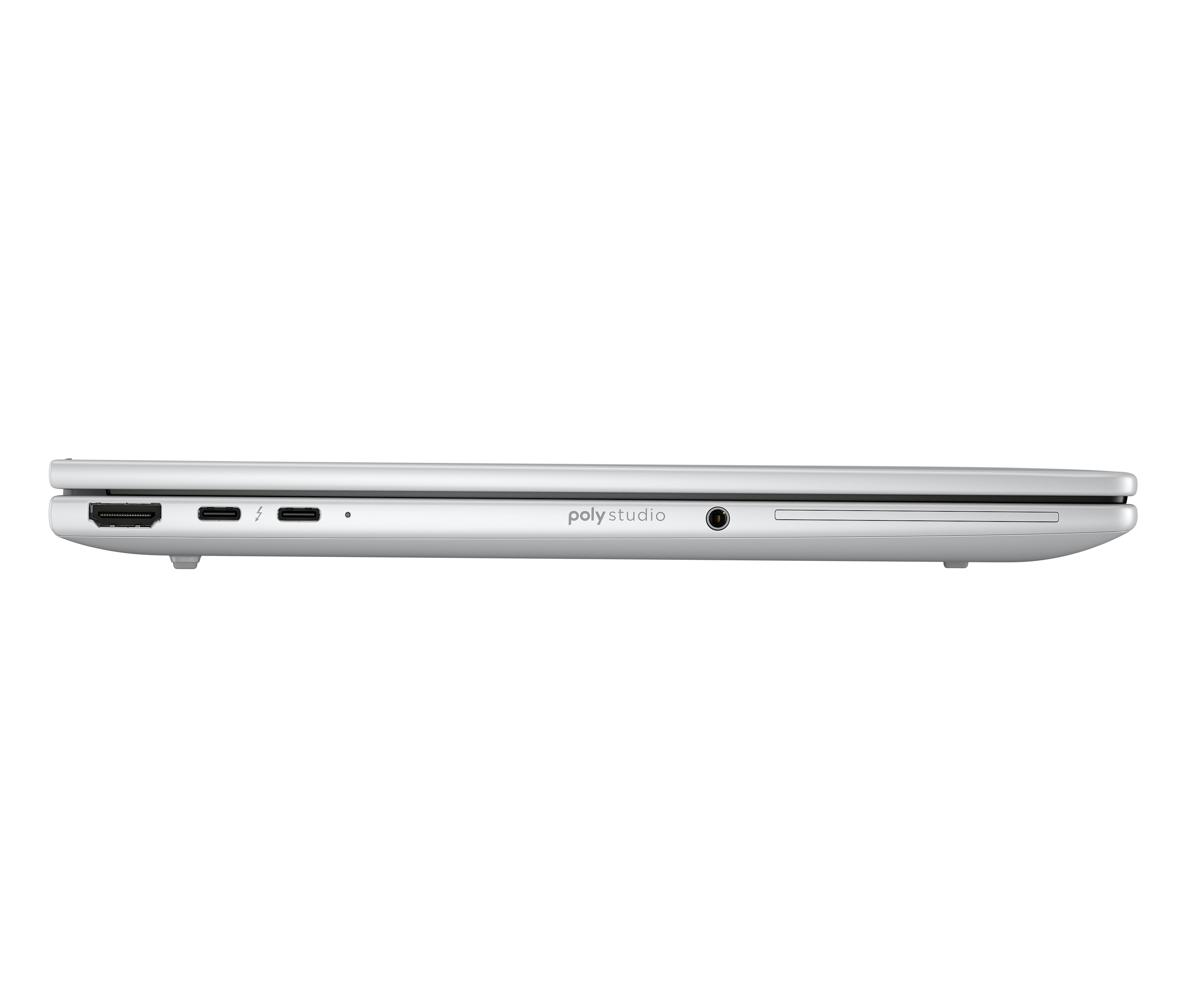 Seitenansicht eines silbernen Laptops mit Poly Studio-Branding.