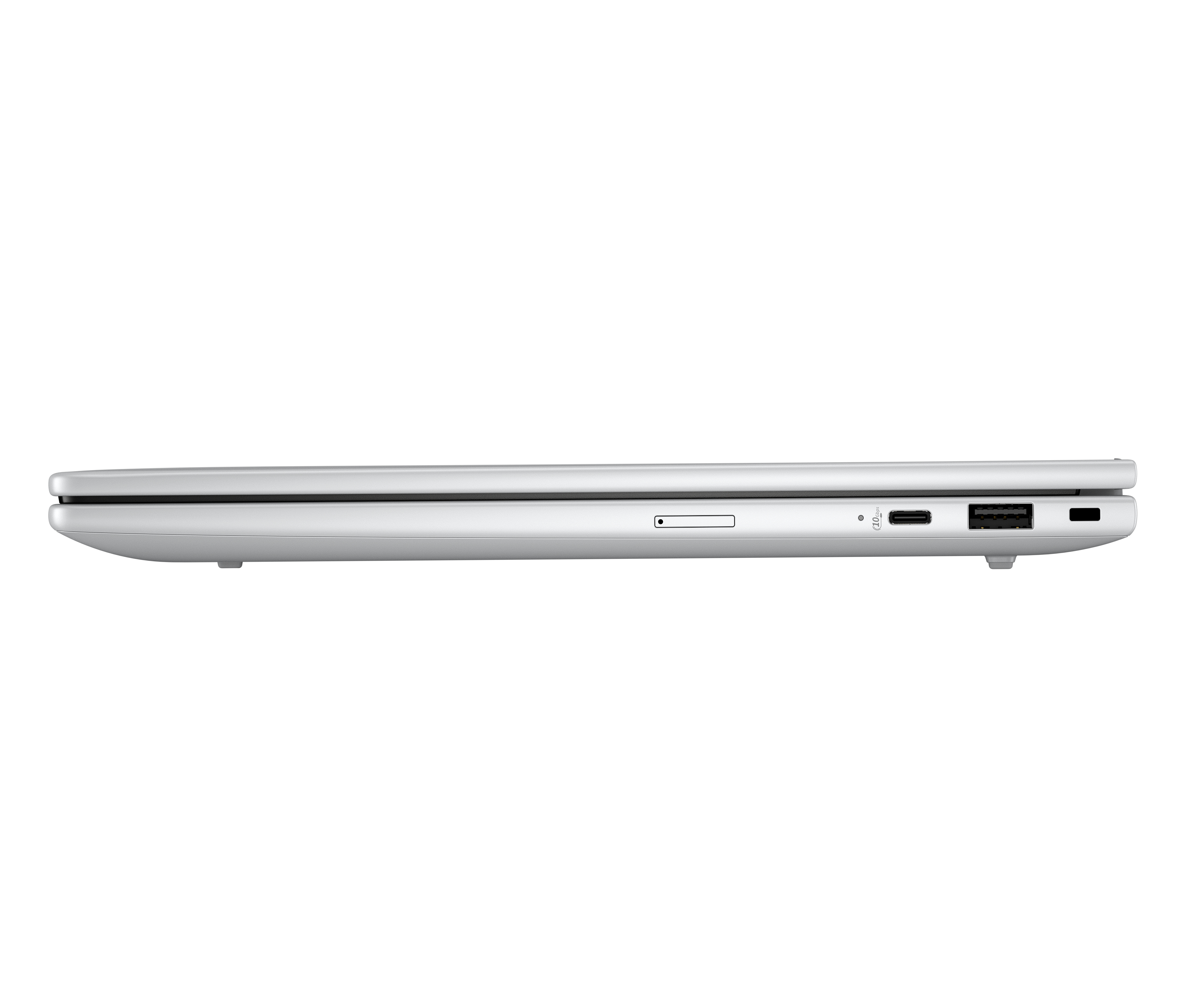 Seitenansicht eines silbernen Laptops, die Anschlüsse an der Seite zeigend.