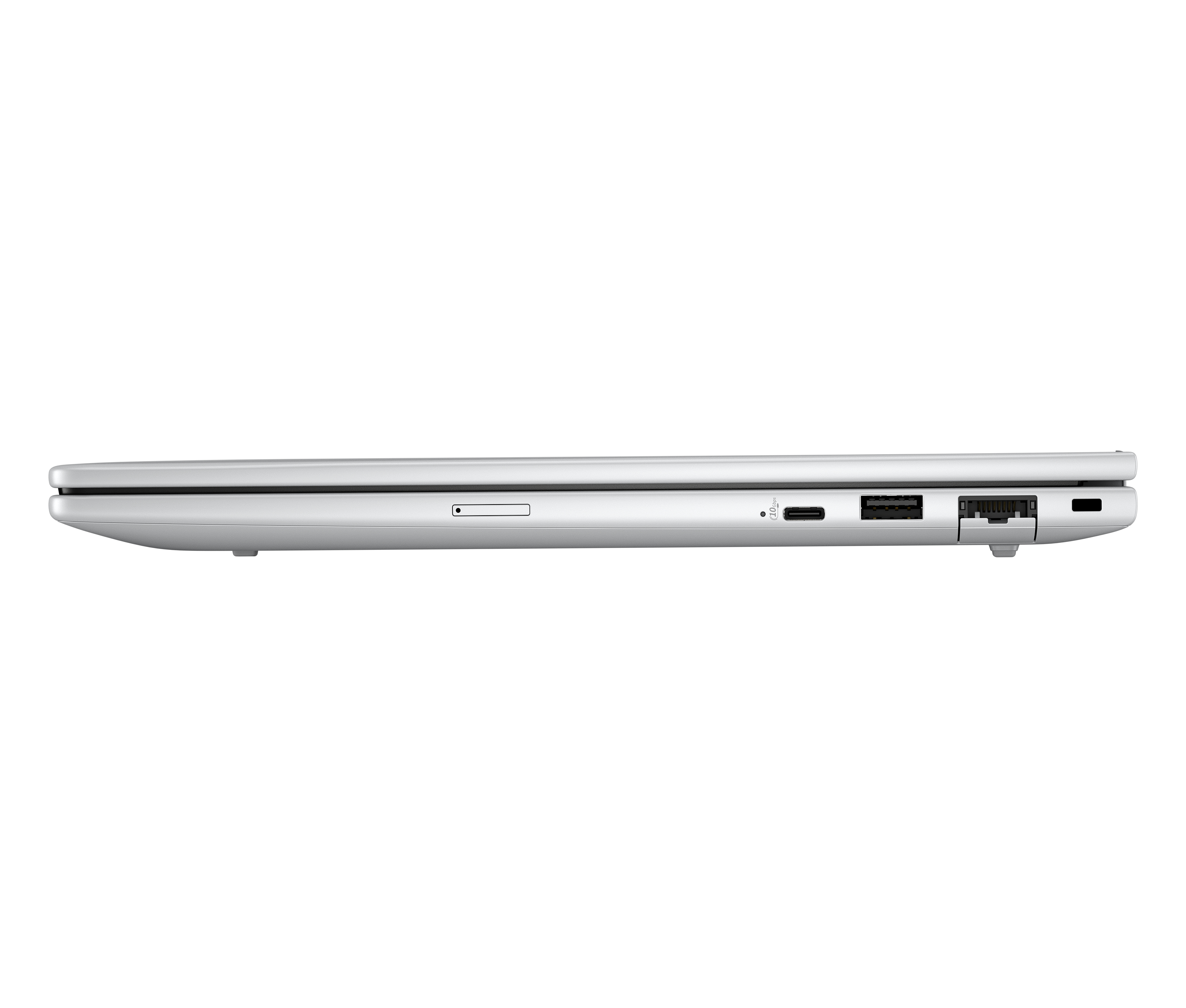 Silberner Laptopseite mit Anschlüssen, auf weißem Hintergrund, geschlossen.