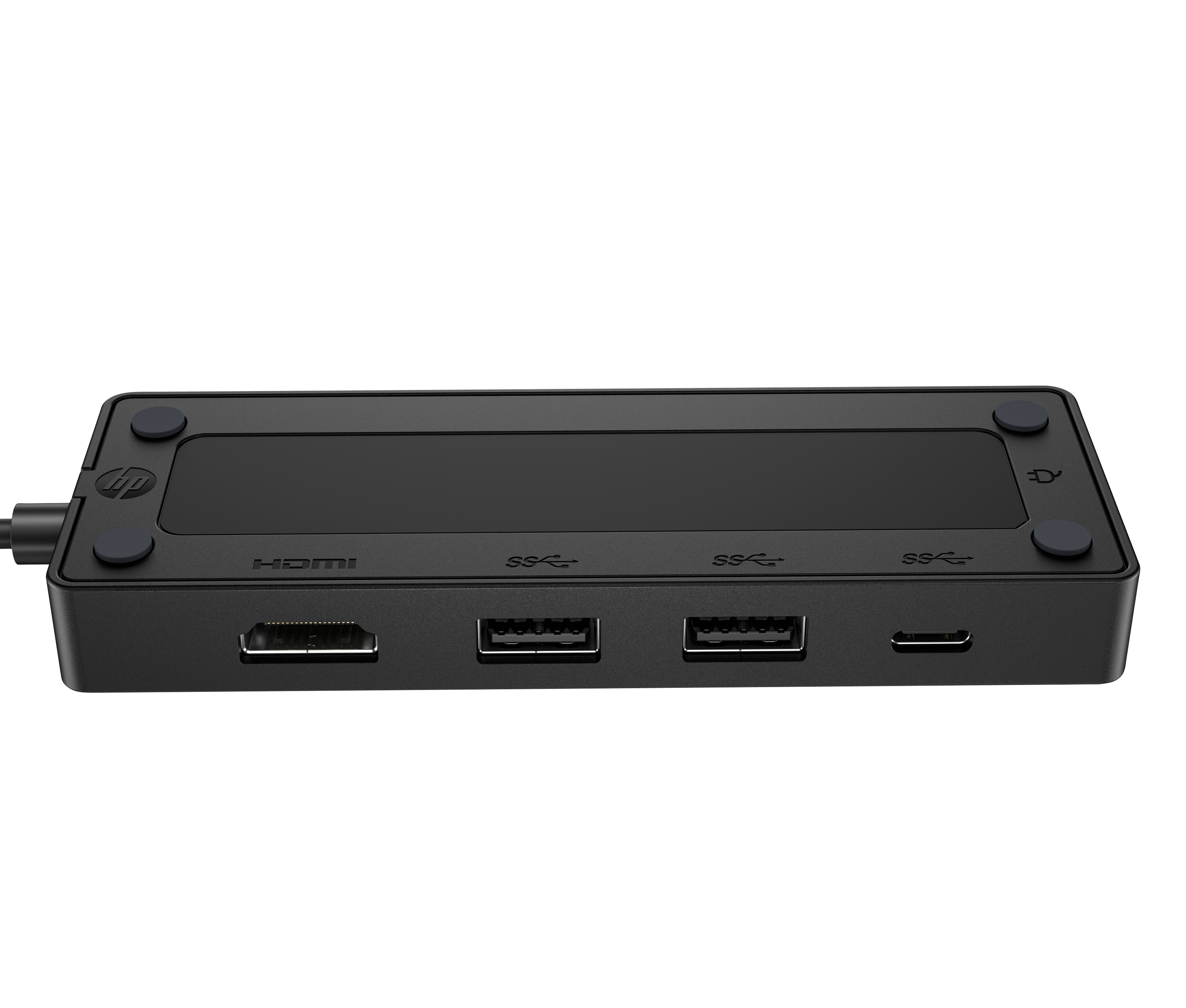 Schwarzes Gerät mit Anschlüssen: HDMI, USB, USB-C. Ein-/Aus-Taste. HP-Logo.