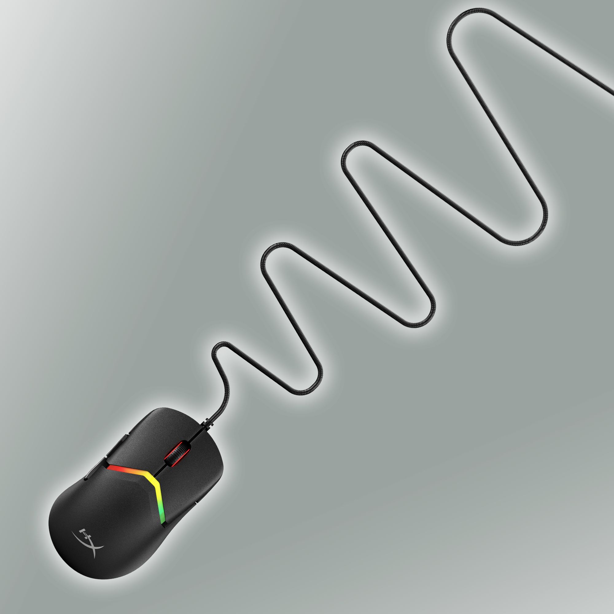 Black mouse with a colored cable. The mouse is on a gray background.